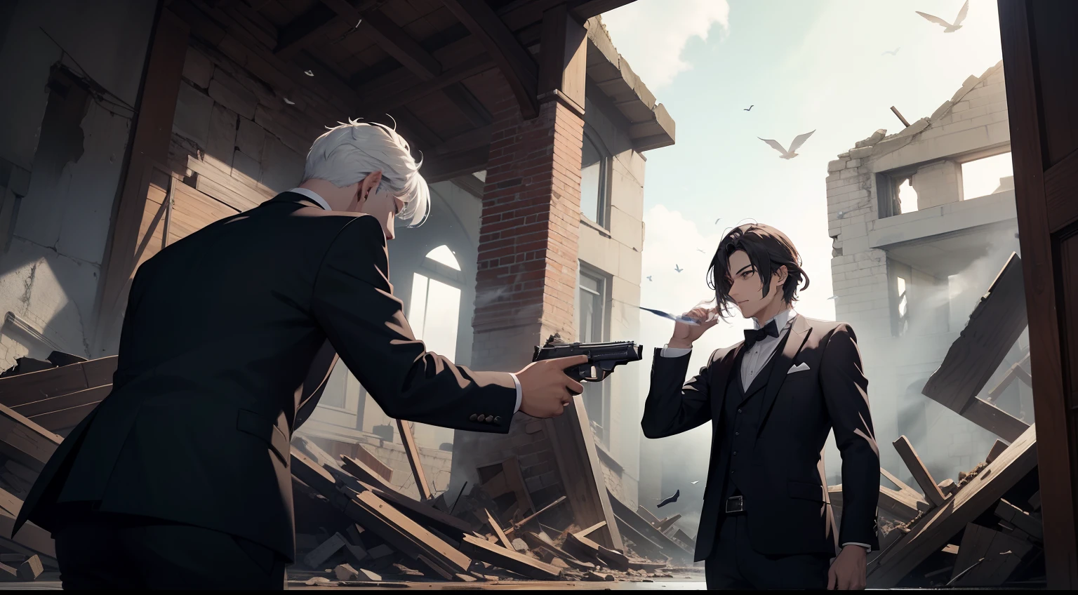 White dove flies、Dark Church in Ruins、Three men facing each other、Point guns at each other、Holding two pistols、Handgun、black suits、Glass cracking、Dynamic Actions、Gun Action、Gankata、Dark hair、Lunette de soleil、smoking tobacco
