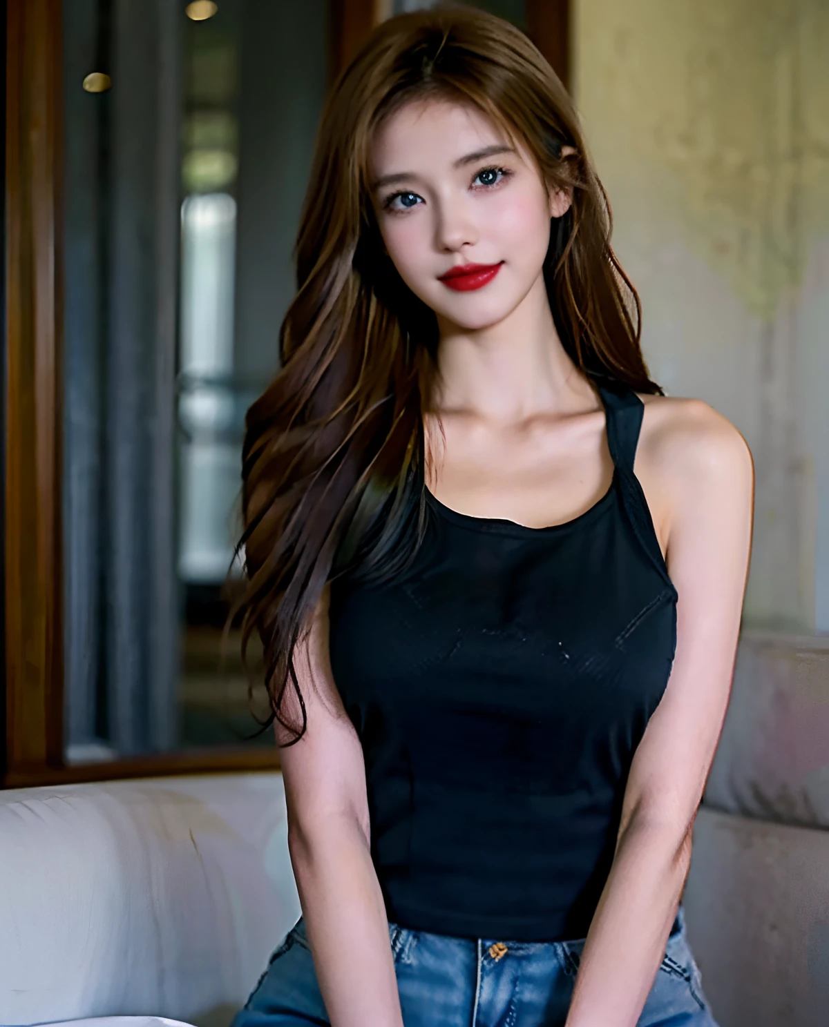 1girll, (Blue eyes), Smiling, (In Mina's name), Wide hips, Bigboobs, Big ass, (Best quality, 8K, Masterpiece: 1.3), Clear focus: 1.2, Perfect body beauty: 1.4, Slender abs: 1.2, Highly detailed face and skin texture, Detailed eyes, Double eyelids, Red lips (Long blonde hair), (black tanktop), (Skinny jeans), Bend over to expose her tits, in the middle of a field