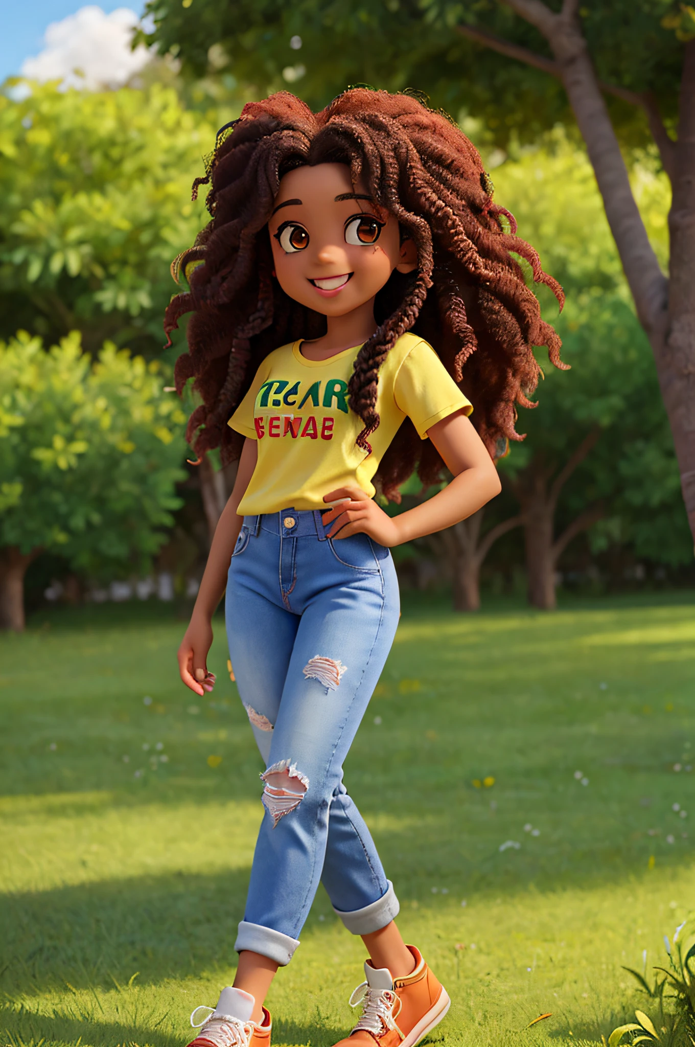 3D por 1girl, ((sozinho))), (15 year old long curly hair messy, sorrindo
feliz, africana africana pele marrom escura:4, pele oreta:2 olhos cintilantes meigos;1.15), wears a t-shirt and long jeans, sneaker, corpo escultural de modelo, tarde de
outono, Field with trees, luminosidade quente e suave, flohas sendo
levadas pelo vento, lente de desfoque de movimento
