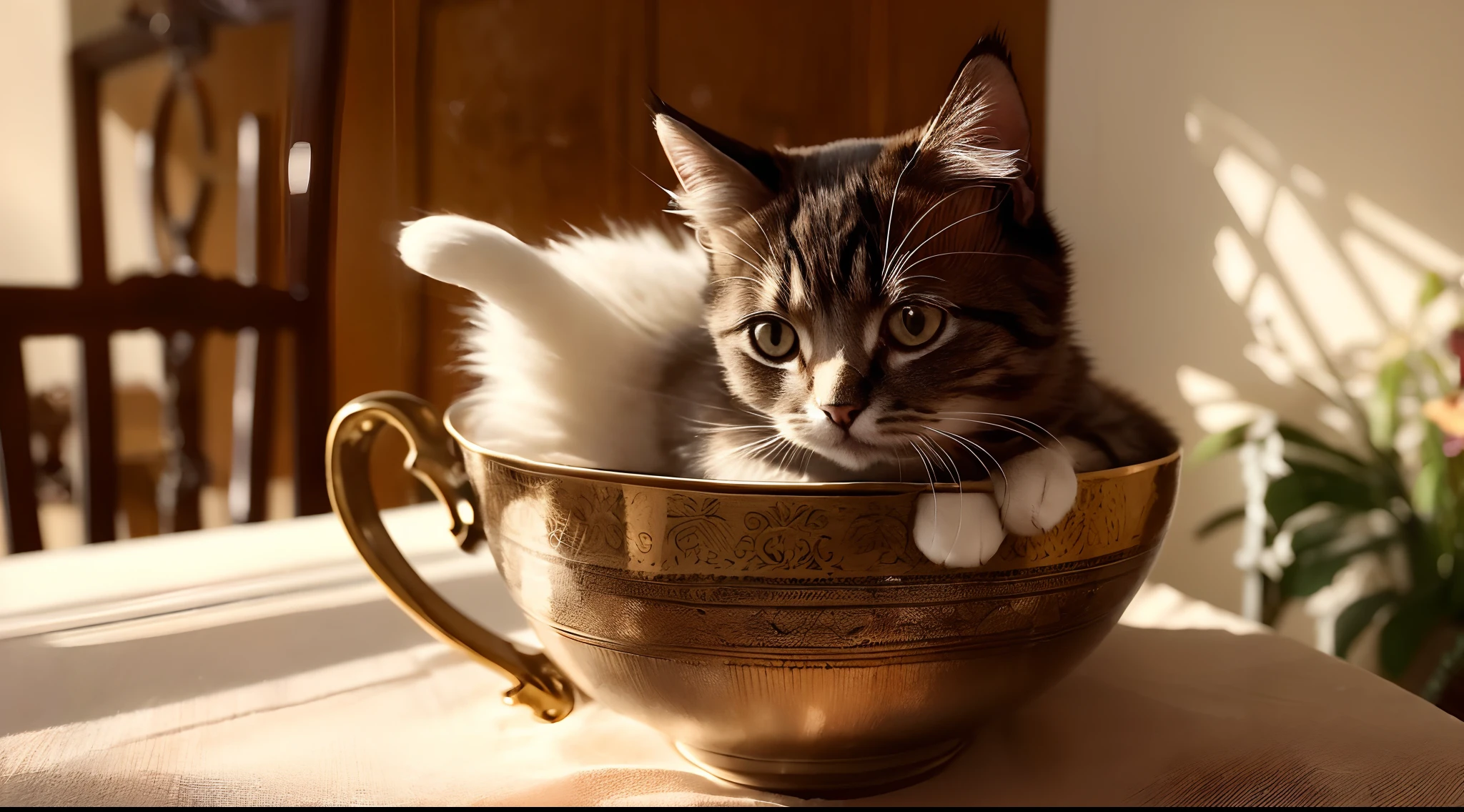 Cat, (Himalayan), (Small)))), in a teacup, Face, Front paws out, 8K, Professional photo, Delicate, Clear, On the table, Inside the house, Sunshine, Light Leak, Masterpiece, ((Pretty))), Fashionable Teacup, (Reality), Plush Toy, Round Pupils