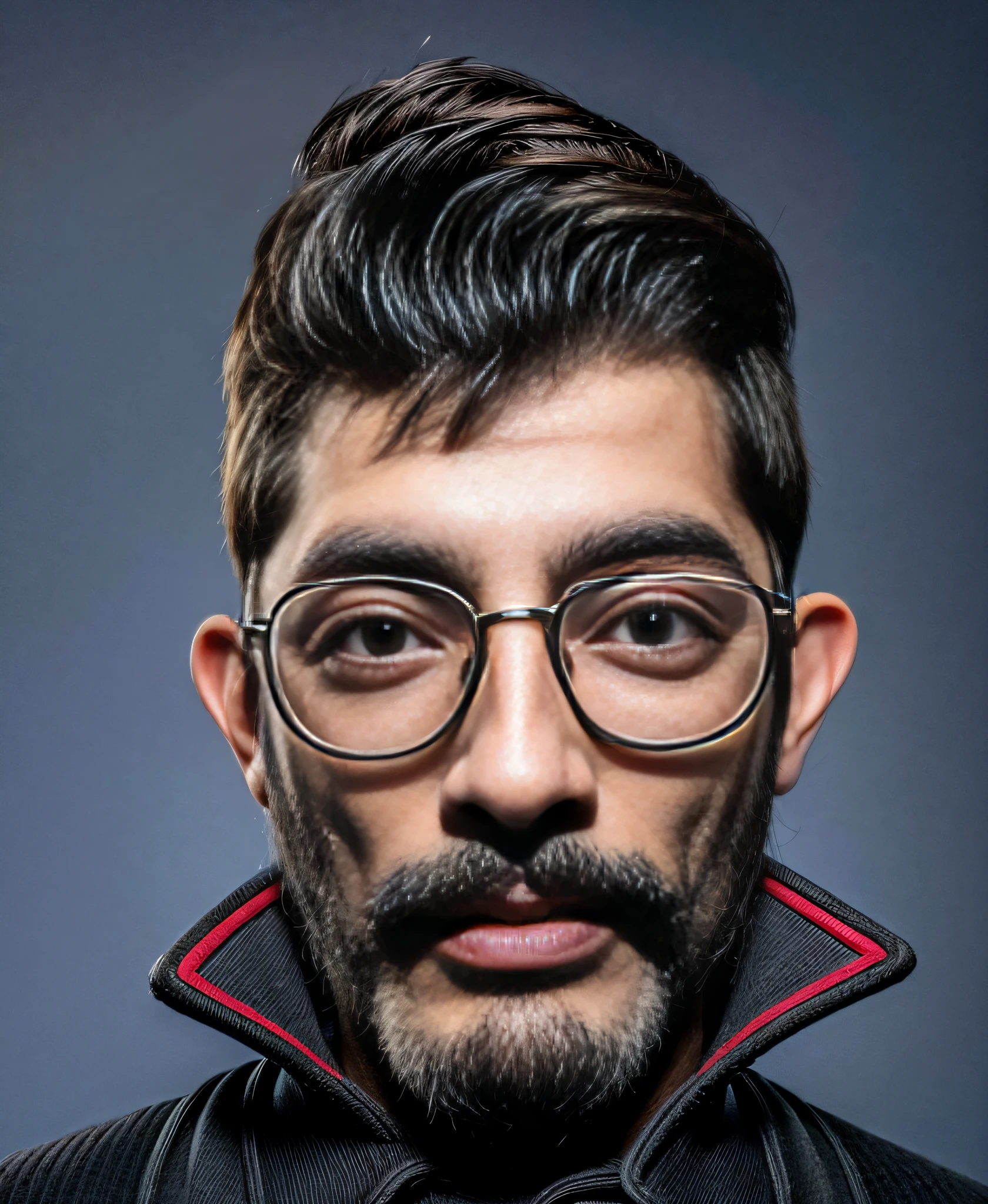 Hay un hombre con gafas y una chaqueta posando para una foto, Thierry Doizon, con gafas y perilla, Cara realista, Imagen 3D, Foto de perfil profesional, Foto de perfil de la foto de cabeza, Cara fotorrealista, Hombre de mediana edad, Hombre con gafas, Esteban Outram, Thierry Rouzier, Cara fotorrealista, Salvador Dali style head photo.