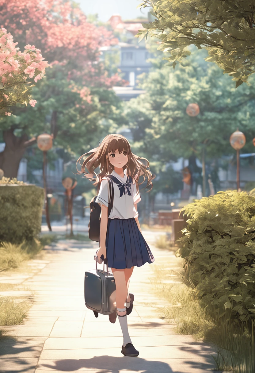 The highest quality, masterpiece, High resolution, Very detailed, A girl, Lovely, Crystal clear white skin, Asian girl, Whole body, Young, Junior middle school, 13 years old, Children, Hair color is light brown, On the way to and from school in the morning, Summer uniforms, Hold a student bag, The wind and hair fluttering, Beveled from behind, Miniskirt, Raise your skirt, (Smile: 1.25), Fantasy, Campus, Flower bed, 8k