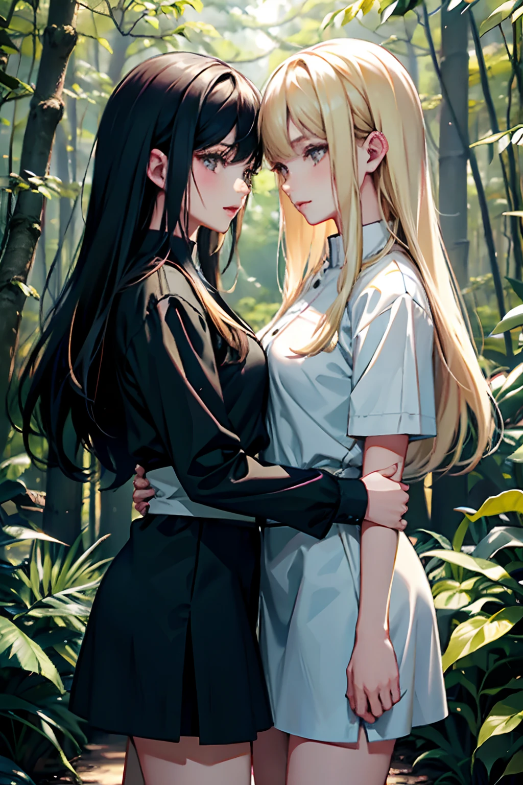 Two girls，Same stature，One black hair and one blonde，Hold each other，The two bodies are close together，Mouth to mouth，at a forest