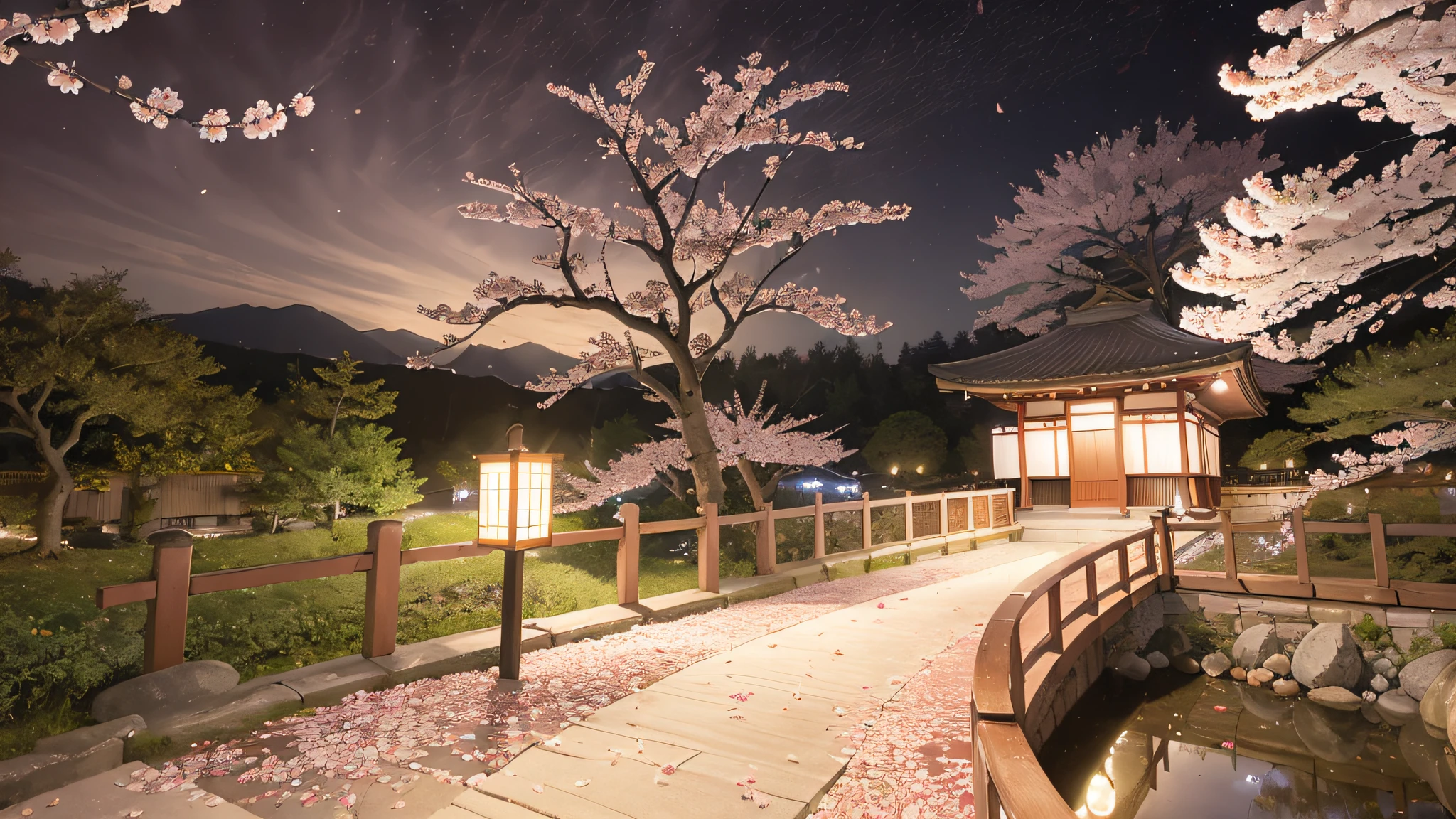 best quality, 8k, masterpiece, intricate details, ultra high resolution, (japanese style, cherry blossom:1.2), (cherry blossom petal storm:1.4), zen garden, (rough stone pathway:0.9), (river:0.8), night, stars, crescent moon