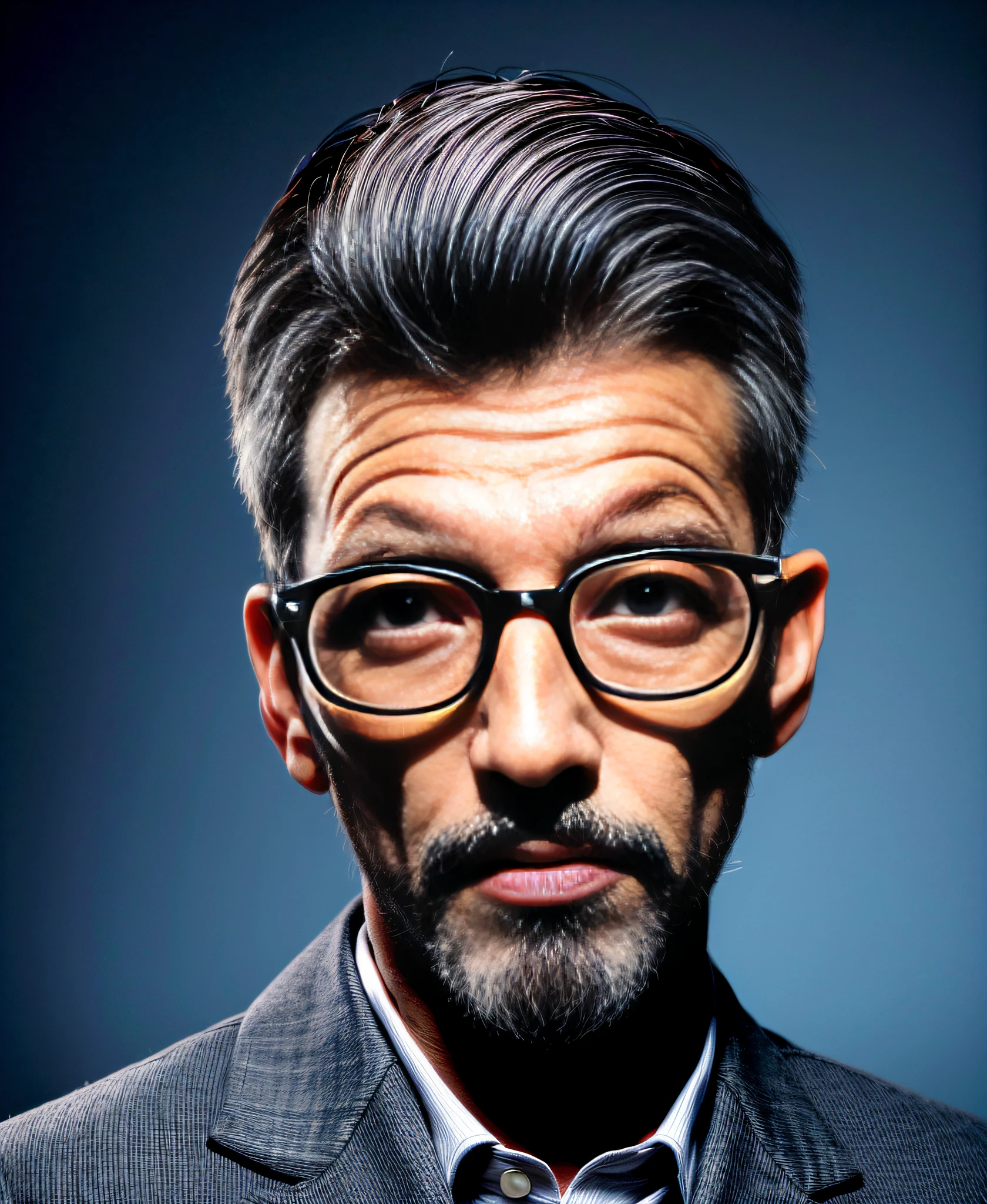 Hay un hombre con gafas y una chaqueta posando para una foto, Thierry Doizon, con gafas y perilla, Cara realista, Imagen 3D, Foto de perfil profesional, Foto de perfil de la foto de cabeza, Cara fotorrealista, Hombre de mediana edad, Hombre con gafas, Esteban Outram, Thierry Rouzier, Cara fotorrealista, Salvador Dali style head photo.