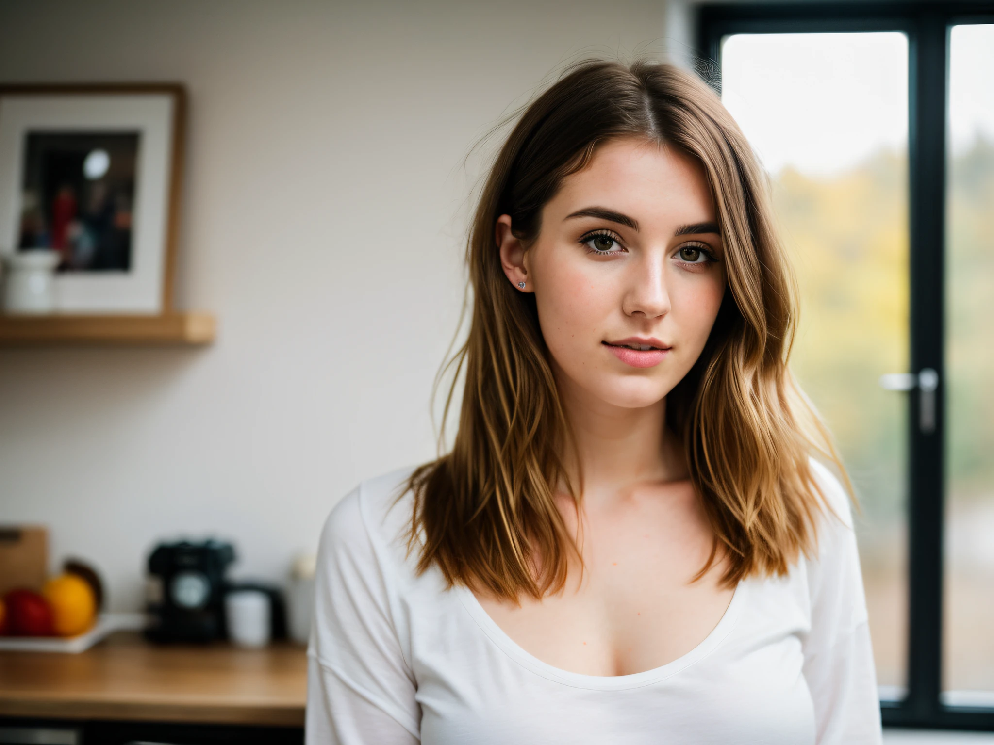 RAW photo, 24 year old Welsh woman, casual clothes, messy hair, slim build, at home, shallow depth of field, (high detail skin: 1.2), 8k uhd, DSLR, soft light, high quality, film grain, 20mp, Fuji XT3 , 80mm, Hasselblad