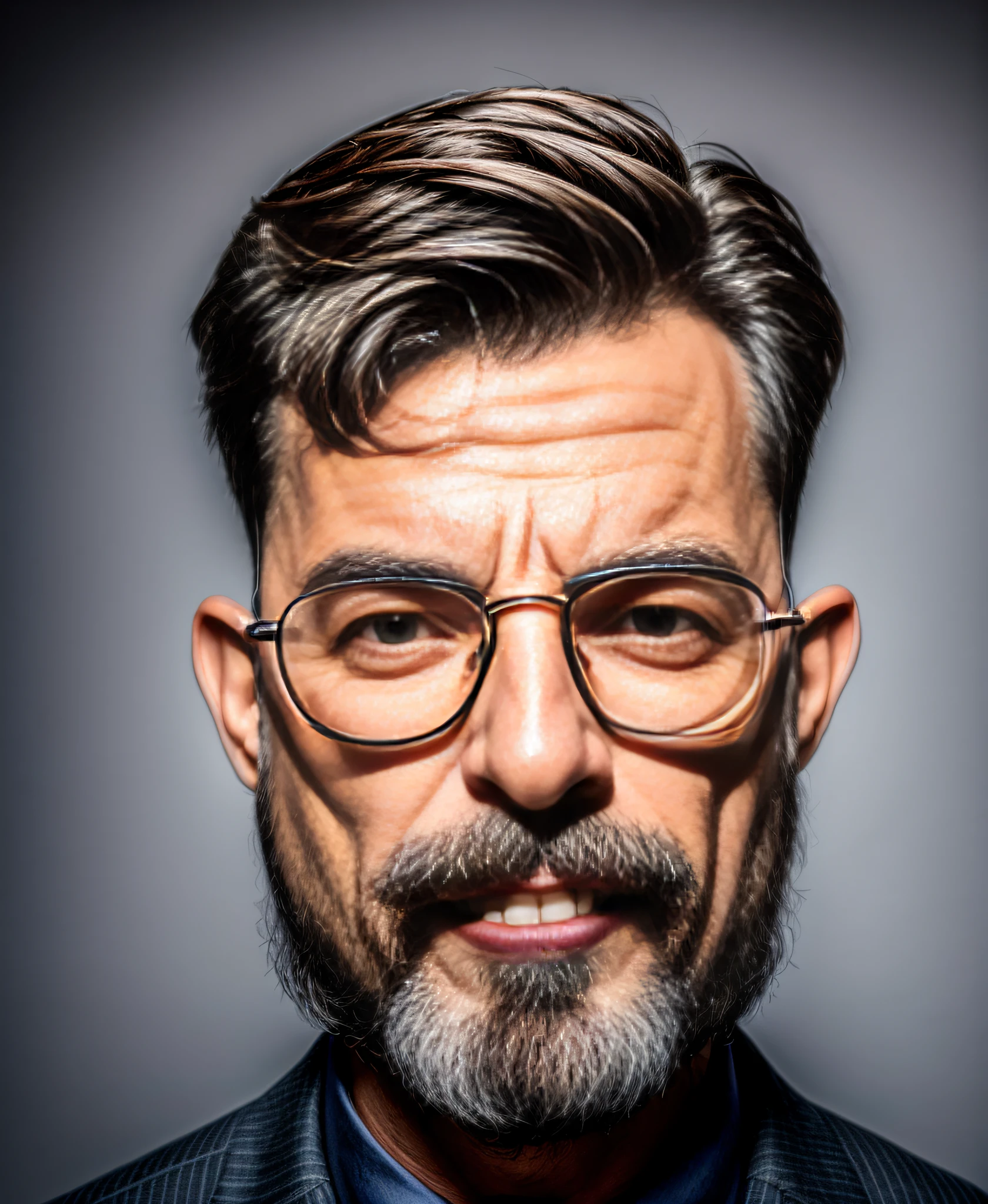 Hay un hombre con gafas y una chaqueta posando para una foto, Thierry Doizon, con gafas y perilla, Cara realista, Imagen 2D, Foto de perfil profesional, Foto de perfil de la foto de cabeza, Cara fotorrealista, Hombre de mediana edad, Hombre con gafas, Esteban Outram, Thierry Rouzier, Cara fotorrealista, foto de la cabeza, estilo caravaggio