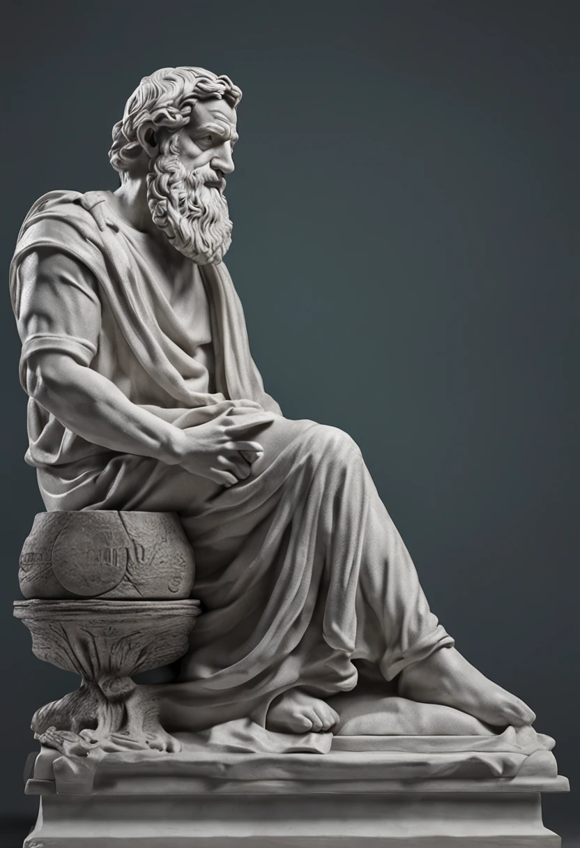 Create a detailed sculpture of the philosopher Plato,The background is dark gray。
