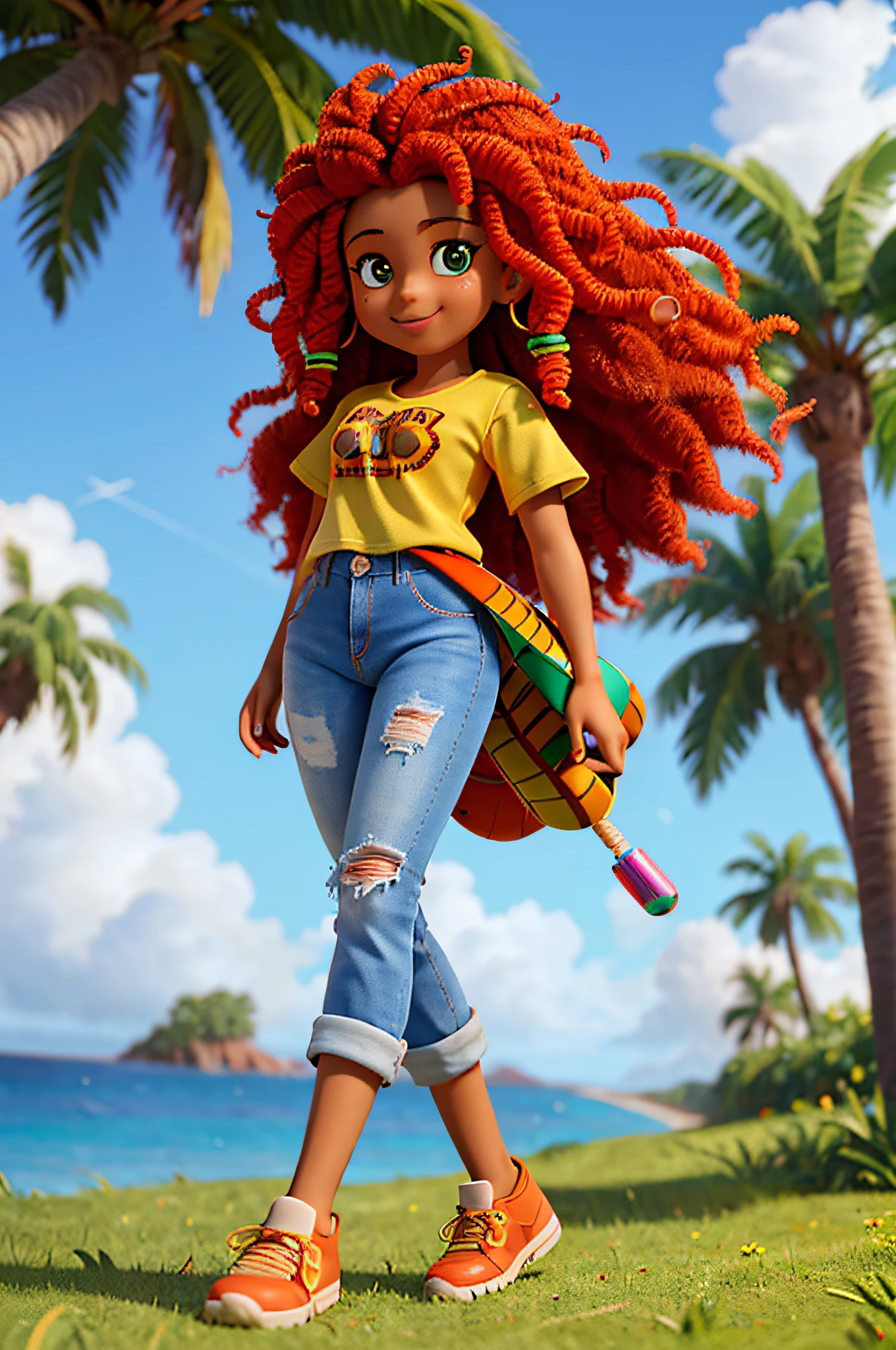 3d de 1girl, ((solo))), (15 years old long curly hair messy, sorrindo
feliz, africana africana pele marrom escura:4, pele oreta:2 olhos cintilantes meigos;1.15), wears a t-shirt and long jeans, sneaker, corpo escultural de modelo, tarde de
outono, Field with trees, luminosidade quente e suave, flohas sendo
levadas pelo vento, motion blur lens