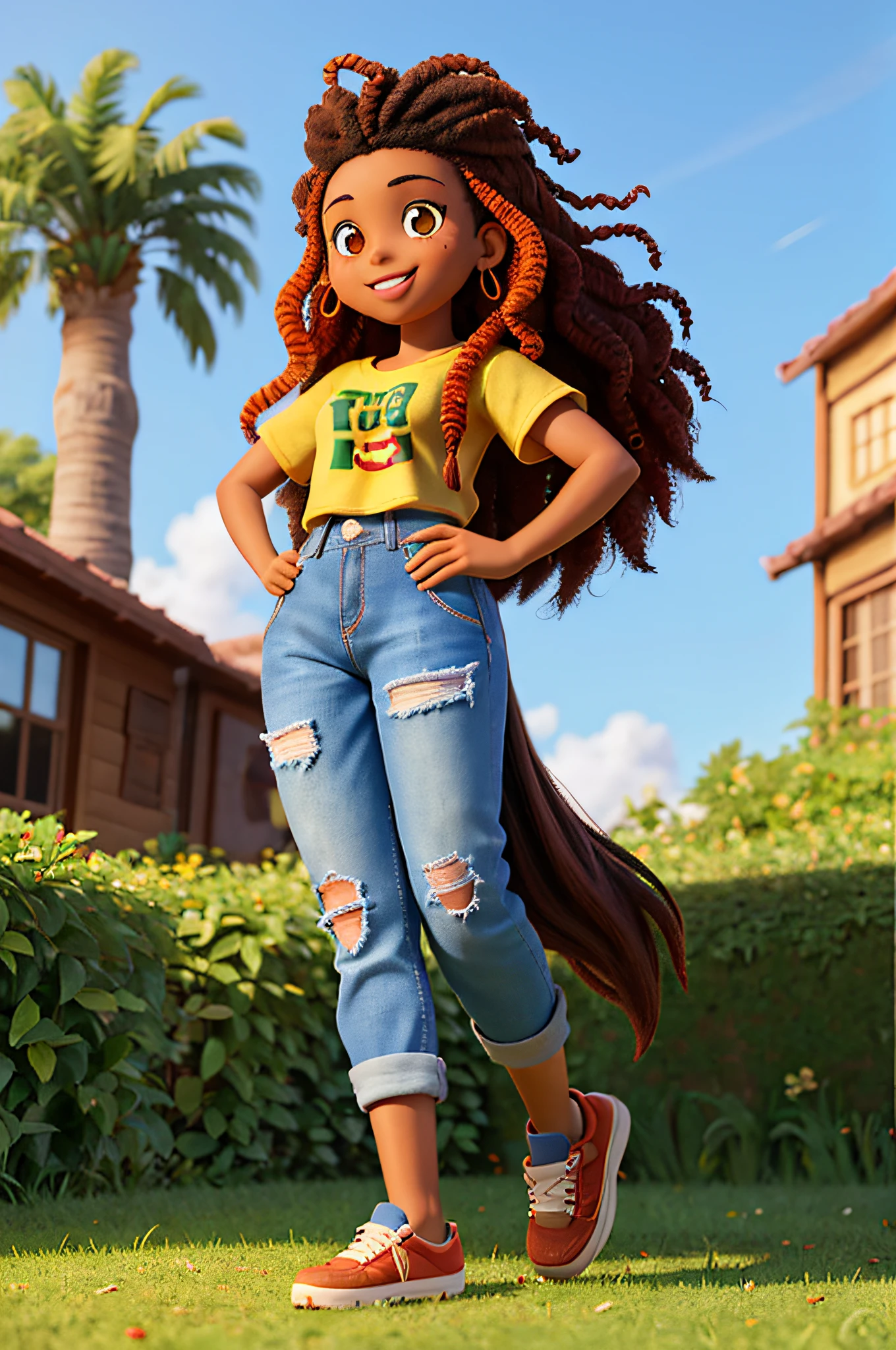 3d de 1girl, ((solo))), ( long curly hair messy, sorrindo
feliz, africana africana pele marrom escura:4, pele oreta:2 olhos cintilantes meigos;1.15), wears a t-shirt and long jeans, sneaker, corpo escultural de modelo, tarde de
outono, Field with trees, luminosidade quente e suave, flohas sendo
levadas pelo vento, motion blur lens