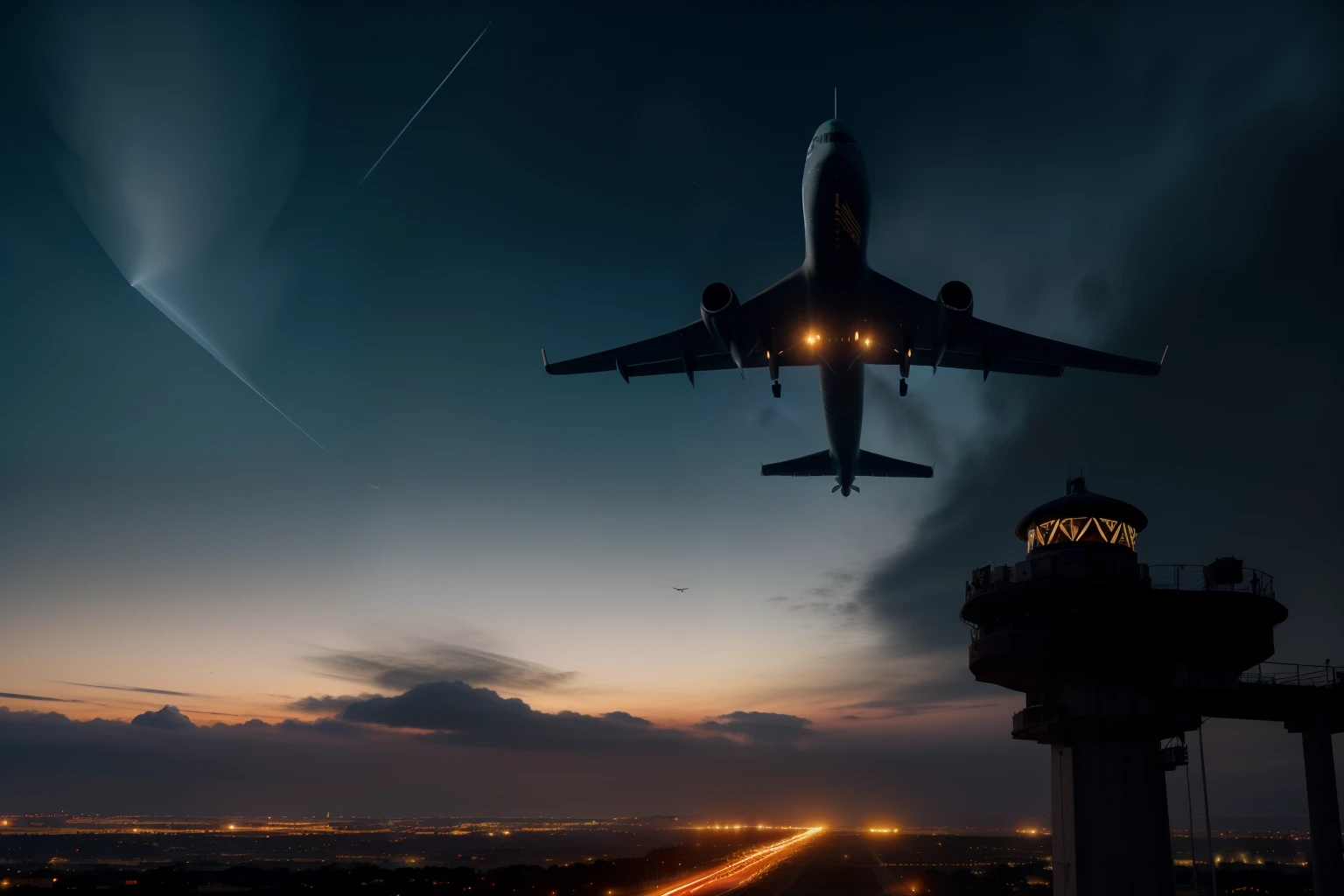 Araflane flying over a runway at night with a control tower, 4 K HD Wallpaper C 1 7, Planes, Luzes de pouso, take off, Papel de parede - 1 0 2 4, turbulence, paper awesome wallpaper, Airplane in the sky, papel de parede de alta qualidade, transcendendo para um plano superior, beautiful high resolution, fechar o tiro de estabelecimento, fundo surpreendente, Cinematic Shot
