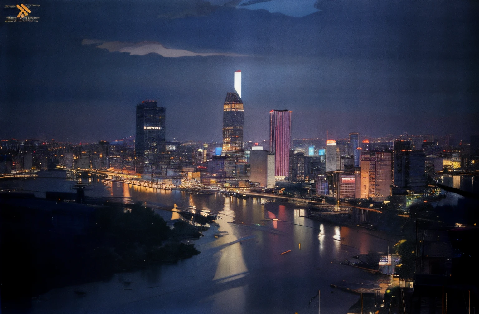 nighttime view of a city with a river and a bridge, photo taken in 1989, vietnam, fuji 4 0 0 h, nighttime, taken with a pentax k1000, taken in the late 1980s, taken in 1 9 9 7, at night, 1 9 8 0 s photo, 1980s photo