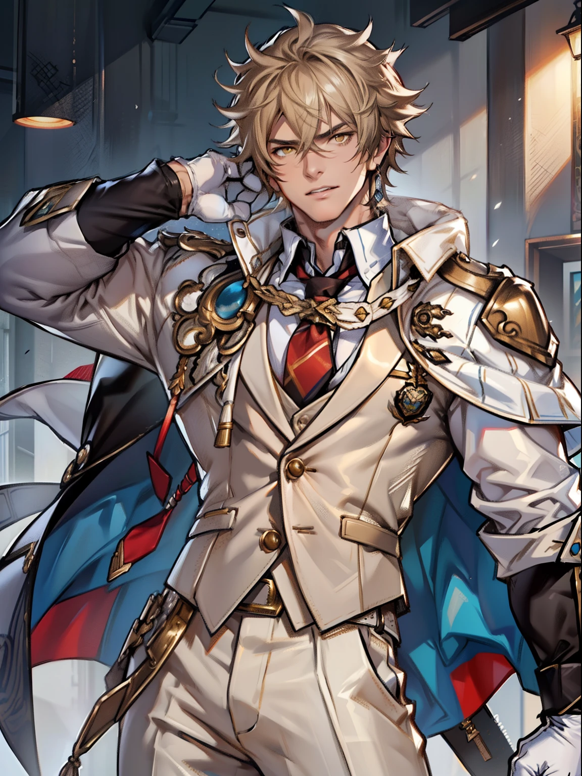 tmasterpiece,Best quality at best,(Genshin Impact),mitts,Bulging muscles,(white business suit,Casual wear tie)Pectoral muscle bulge,White gloves,Abs,malefocus,(The upper body exposes the abs),1boy,White gloves,独奏,Brown hair,Yellow eyes,blue capelet,hair between eye,((Bulging crotch)),Sexy,(Masterpiece, Best quality),(white business suit),self-assured,having fun,big laughter,white pantie, stand-up collared shirt, tiese, waistcoat, Eight-pack abs, White leather mobile phone gloves, White trousers, Leather belt, spreading long thin legs, The erection,