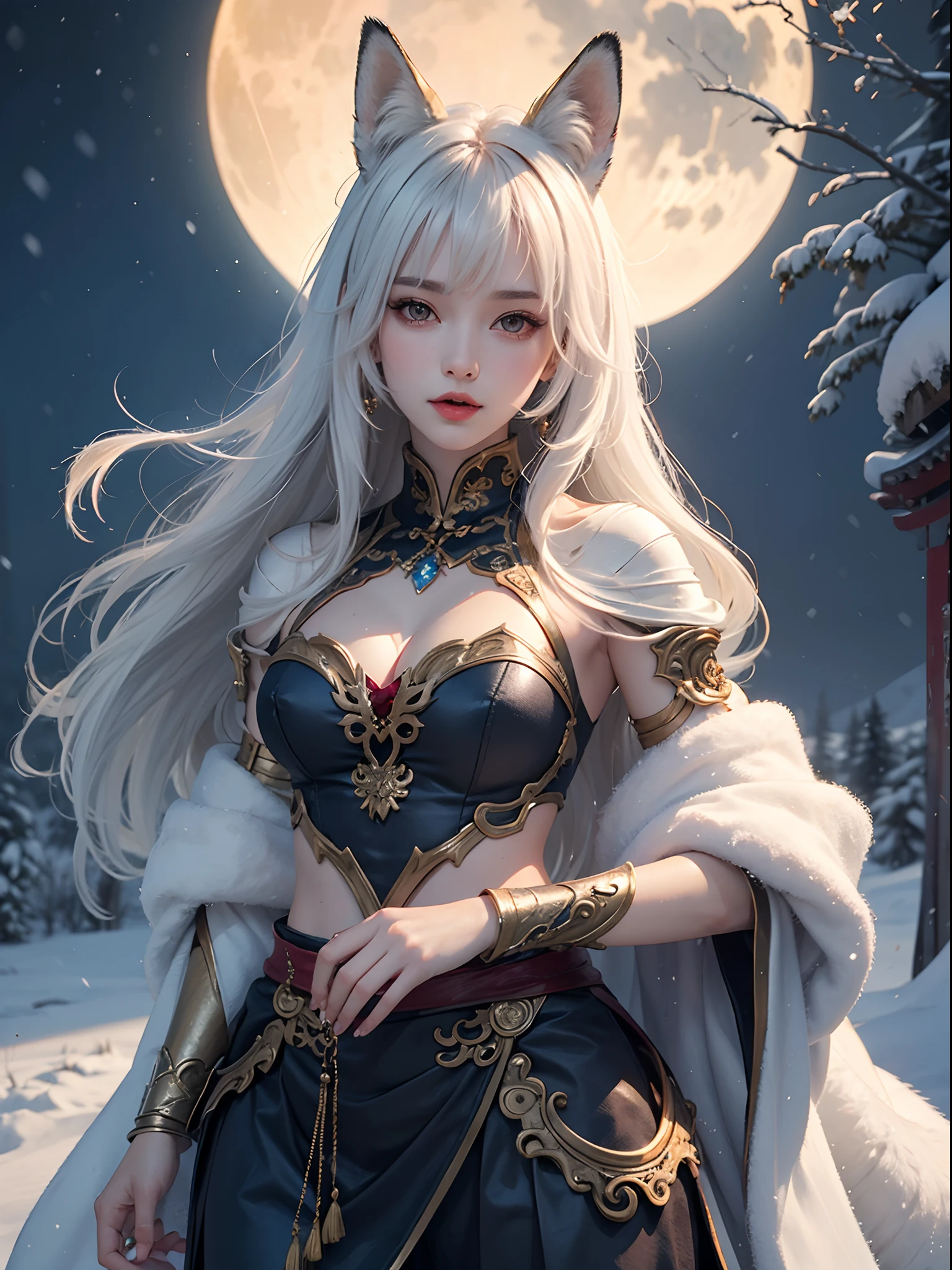 Unbeatable masterpiece, Ultra photo realsisim, Perfect artwork, Intricate details, Best quality, Strong light,High contrast, (fantasyoutfit: 1.3) , cleavage , Blush , Intricate , Detailed.Human-robotic , Solo , (Chinese style:1.4) , (Intricate metal patterns)) , cheerfulness , Open your mouth , 1girll , Solo , mizore((Snow-white hair:1.2)) , Long hair , Upper body ,((Half body)) , jungles , Fox girl , Fox ears .Red eyes , high light , Night , full moon , Claw-shaped , Mountain , Multi-tailed , Nine-tailed fox ,