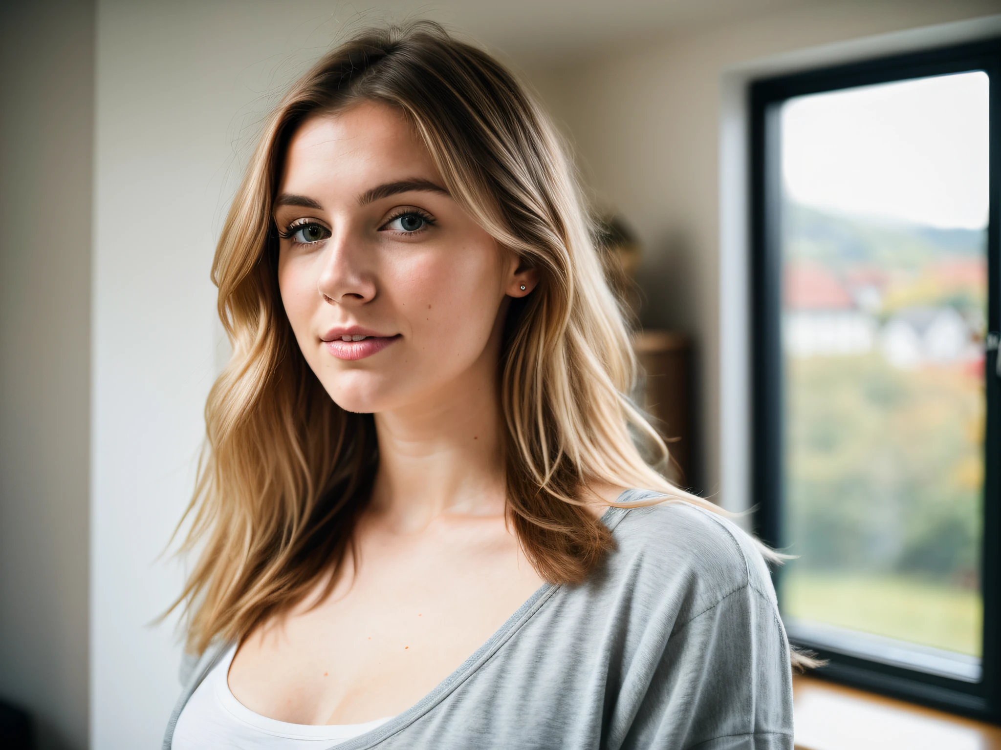 RAW photo, 24 year old Welsh woman, casual clothes, messy hair, slim build, at home, shallow depth of field, (high detail skin: 1.2), 8k uhd, DSLR, soft light, high quality, film grain, 20mp, Fuji XT3 , 80mm, Hasselblad