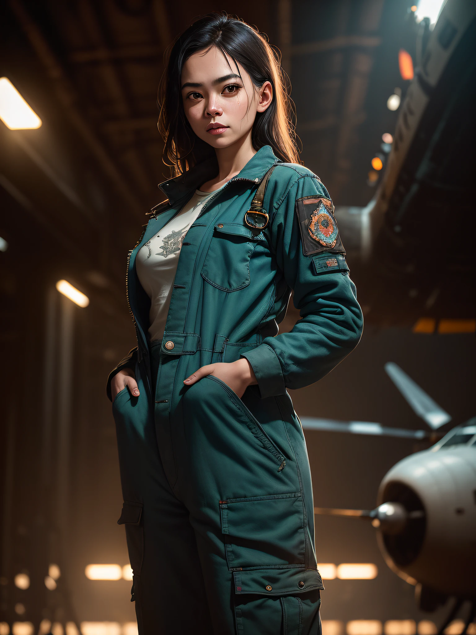 (apterus style:1.3), (dark shot:1.4), 80mm, soft light, sharp, exposure blend, medium shot, bokeh, (hdr:1.4), (film grain:1.23), high contrast, (cinematic, teal and orange:0.85), (muted colors, dim colors, soothing tones:1.3), low saturation, (hyperdetailed:1.2), (noir:0.9),(intricate details, hyperdetailed:1.15),modelshoot style, a female mechanic wearing coveralls standing in an aircraft hangar, ((hands inside pocket)), (detailed background:1.3), old aircraft in background, (full body:1.2), (long legs), (depth of field:1.4), (detailed face:1.1), (photo realistic:1.3), symetrical, octane render, 35mm, bokeh, 9:16, (intricate details:1.12), hdr, (intricate details, hyperdetailed:1.15), (natural skin texture, hyperrealism, soft light, sharp:1.2), (detailed skin:1.2),