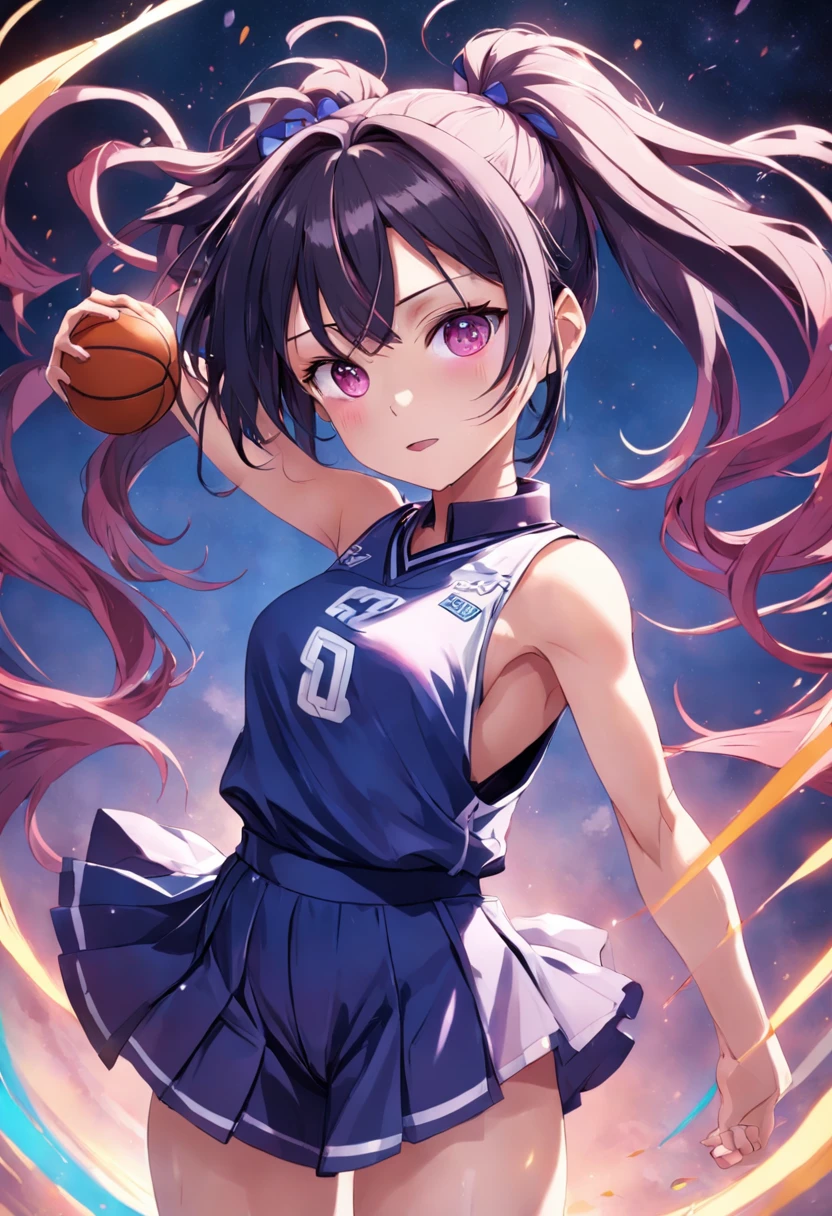 {Licorice recoil}{Takina Inoue}{{{masutepiece}}}, {{{Best Quality}}}, {{Ultra-detailed}}, {Illustration}, {{extremely delicate and beautiful}}, {{{hair of Multi-colors}}}, Longhaire, A dark-haired, 1girl in, Breast Focus, Shiny hair, slender, Smaller chest, {{{Gymnasium}}}, {{{Basketball team}}}, {{{Basket Goal}}}, Dynamic Angle, full body Esbian, Dutch Angle, Wearing a basketball uniform、Short pants、Holding a basketball in your hands, light  leaks, look up at viewer, 22year old, huge smile, White sneakers , hyper realisitic, Purple eyes、perspiring