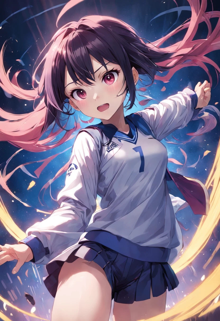 {Licorice recoil}{Takina Inoue}{{{masutepiece}}}, {{{Best Quality}}}, {{Ultra-detailed}}, {Illustration}, {{extremely delicate and beautiful}}, {{{hair of Multi-colors}}}, Longhaire, A dark-haired, 1girl in, Breast Focus, Shiny hair, slender, Smaller chest, {{{Gymnasium}}}, {{{Basketball team}}}, {{{Basket Goal}}}, Dynamic Angle, full body Esbian, Dutch Angle, Wearing a basketball uniform、Short pants、Holding a basketball in your hands, light leaks, look up at viewer, 22year old, huge smile, White sneakers , hyper realisitic, Purple eyes、perspiring