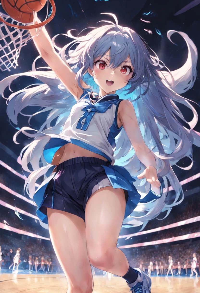 {Licorice recoil}{Takina Inoue}{{{masutepiece}}}, {{{Best Quality}}}, {{Ultra-detailed}}, {Illustration}, {{extremely delicate and beautiful}}, {{{hair of Multi-colors}}}, Longhaire, A dark-haired, 1girl in, Breast Focus, Shiny hair, slender, Smaller chest, {{{Gymnasium}}}, {{{Basketball team}}}, {{{Basket Goal}}}, Dynamic Angle, full body Esbian, Dutch Angle, Wearing a basketball uniform、Short pants、Holding a basketball in your hands, light leaks, look up at viewer, 22year old, huge smile, White sneakers , hyper realisitic, Purple eyes、perspiring