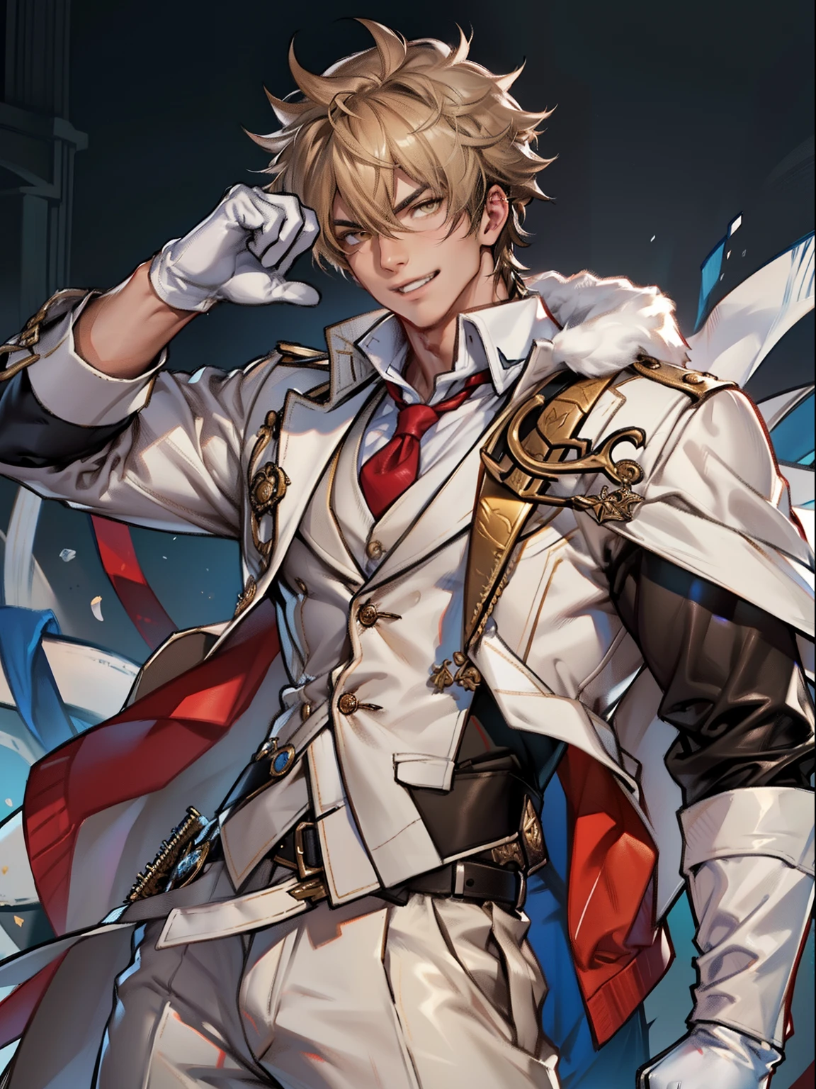 tmasterpiece,Best quality at best,(Genshin Impact),mitts,Bulging muscles,(white business suit,Casual wear tie)Pectoral muscle bulge,White gloves,Abs,malefocus,(The upper body exposes the abs),1boy,White gloves,独奏,Brown hair,Yellow eyes,blue capelet,hair between eye,((Bulging crotch)),Sexy,(Masterpiece, Best quality),(white business suit),self-assured,having fun,big laughter,white pantie, stand-up collared shirt, tiese, waistcoat, Eight-pack abs, White leather mobile phone gloves, White trousers, Leather belt, spreading long thin legs, The erection,