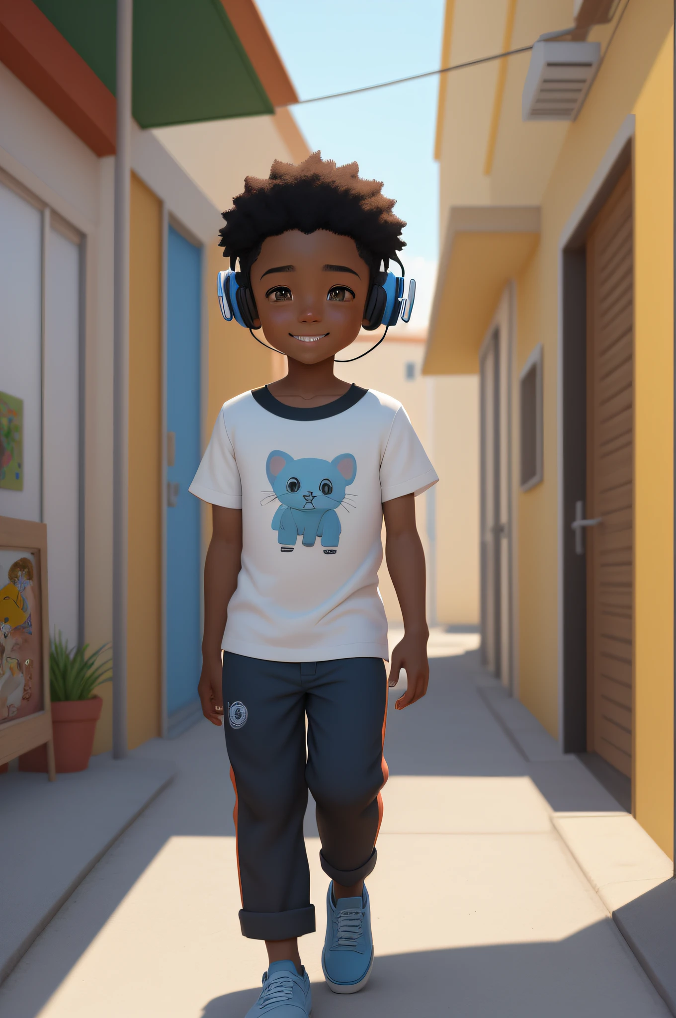 ...3d um closeup de 1menino africano africano com pele marrom escura:3, with headphones walking down a sidewalk, sorriso fofo, (corpo inteiro),desenhos animados realistas, estilo dos desenhos animados, personagem bonito dos desenhos animados, painting digital adorable, arte conceitual do solteiro, personagem de desenho animado, in style of disney animation, Cartoon style illustration, estilo de arte dos desenhos animados, animation film, animated film, estilo bonito dos desenhos animados, Arte infantil em Artstation, arte dos desenhos animados, in cartoon style,-fone de ouvido
