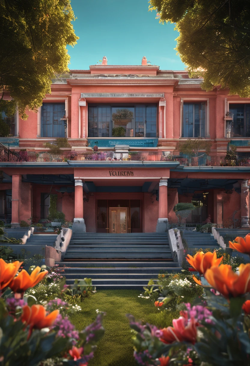 In the middle of a large vegetable garden there is a main health building,There is only one building,There are three floors,