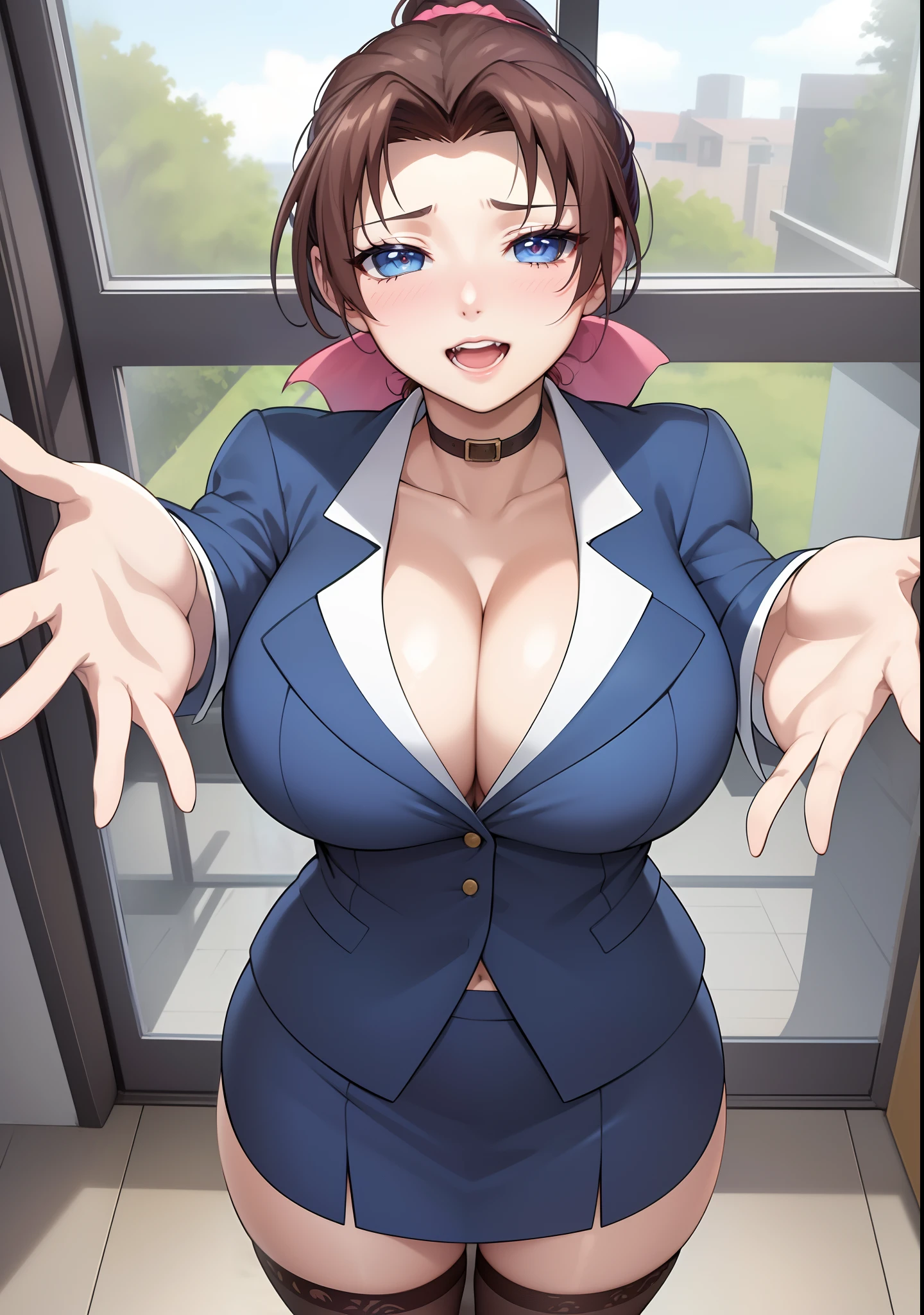 (highres, best quality:1.2), intricate details, vibrant image, sharpness, colorful,
SaekiSayoko, solo, 1girl, mature female, milf, cowboy shot, closeup, looking at viewer, standing, happy, half-closed eyes, sleepy, happy, open mouth, blush, outstretched arms, (incoming hug:1.2), reaching towards viewer, indoors, room, window, sunny weather, tree, complex background,
brown hair, long hair, hair bow, hair ribbon, ponytail, makeup, blue eyes, perfect eyes, perfect face, detailed face,
choker, blue suit, blue pencil skirt, thighhighs, high heels, 
curvy,  large breasts, cleavage,