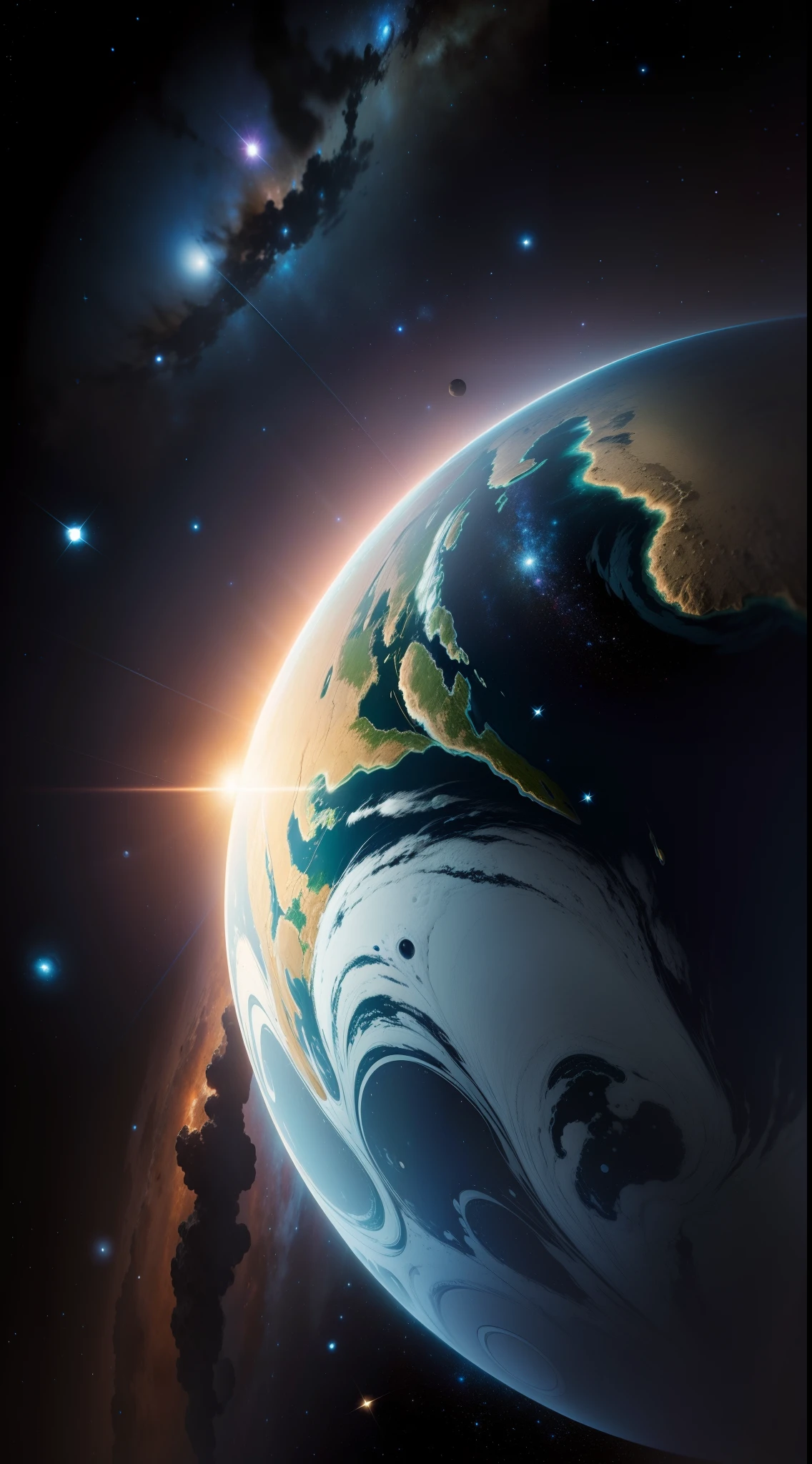 ((best quality)), alta resolução, imagem realista, An amazing and detailed planet in the Solar System, a dazzling starry sky, tons de azul e verde, Realistic surface texture, vivid spatial landscape.