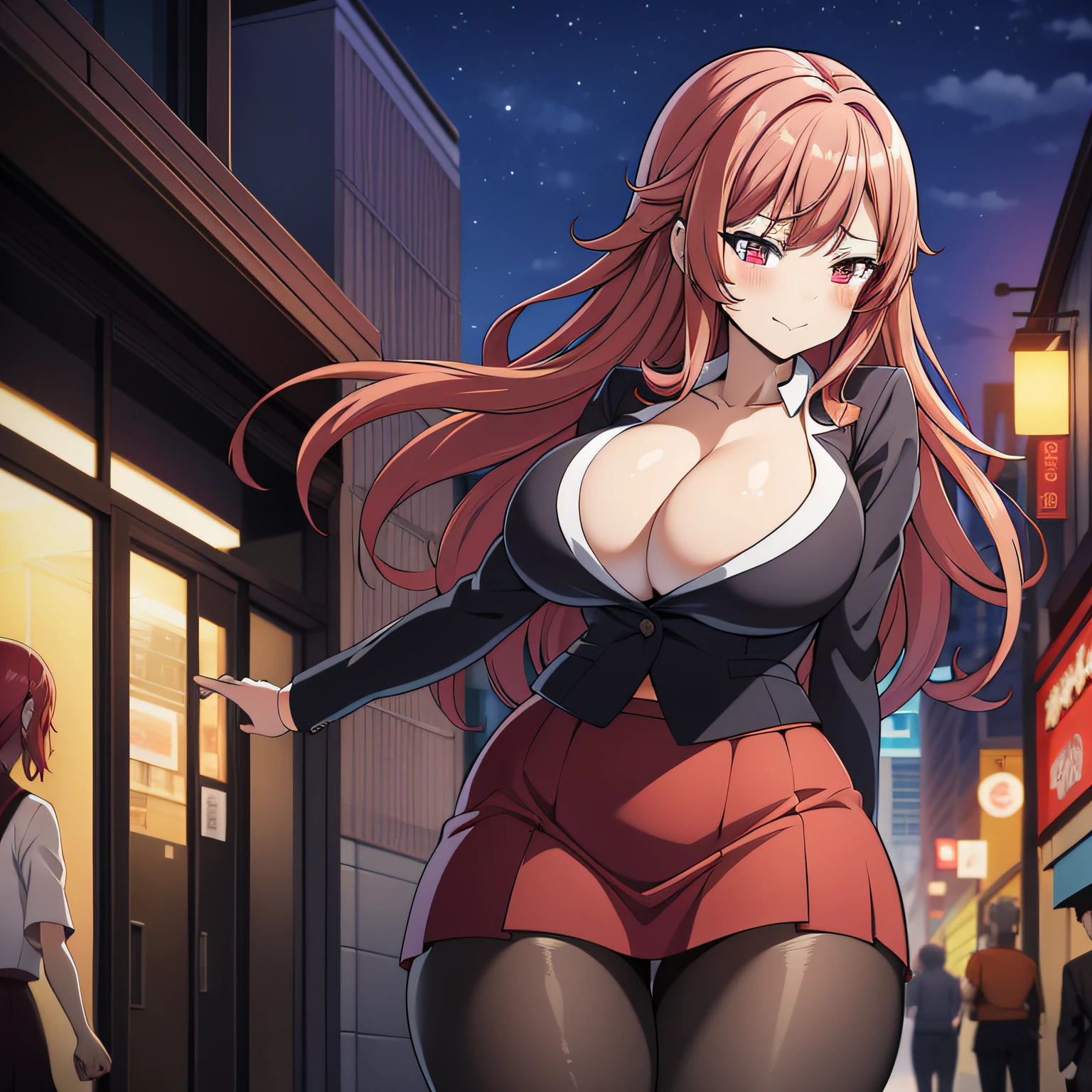 Gyaru, big breasts, sexy, futuristic, thicc, red head, 1girl, beautiful, open top, skirt, poseing, high-school girl, city, night, cleavage, blushing, bimbo