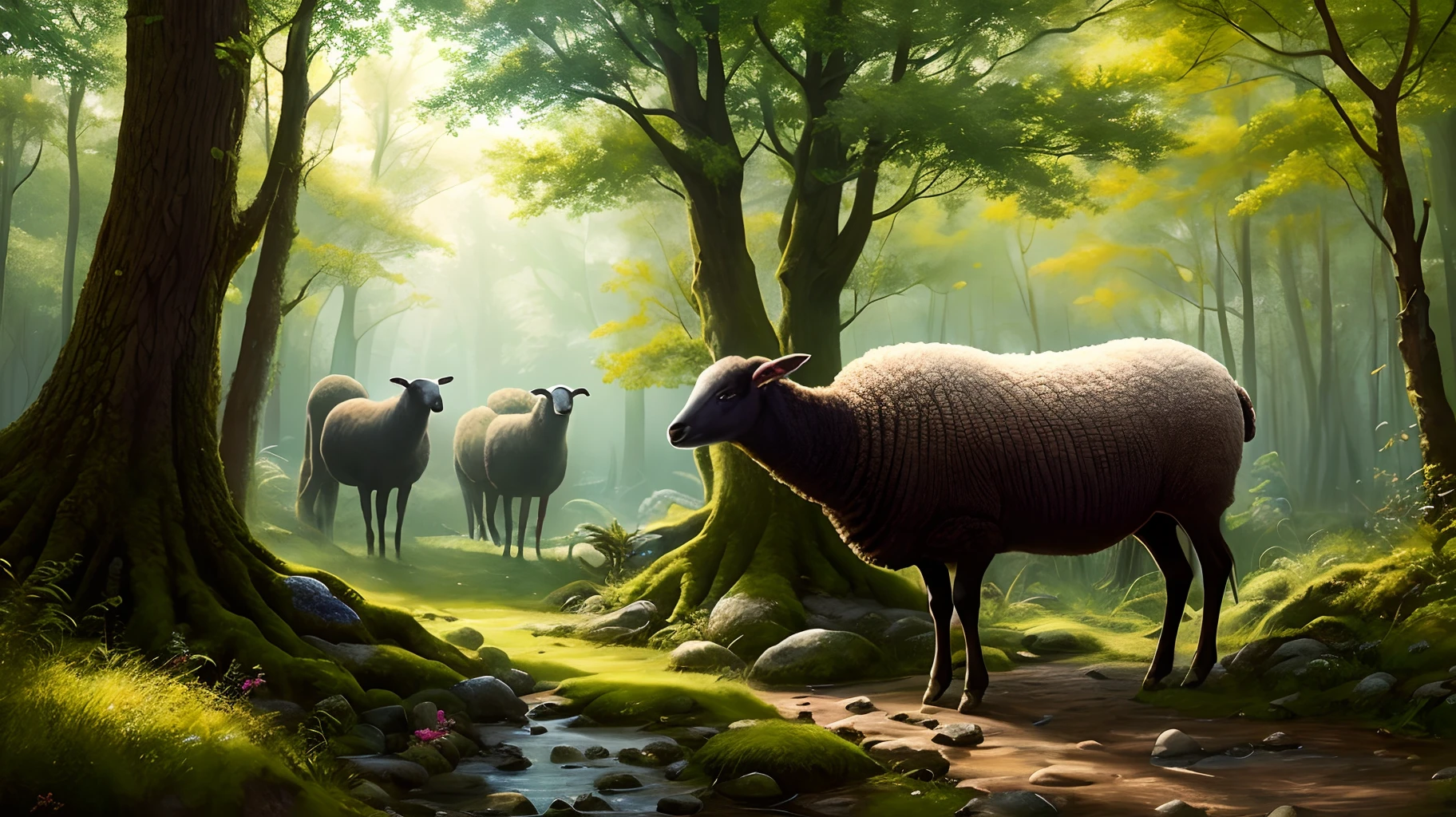 Standing painting。There is a sheep man in the picture,Contains Cthulhu elements,Green forest elements