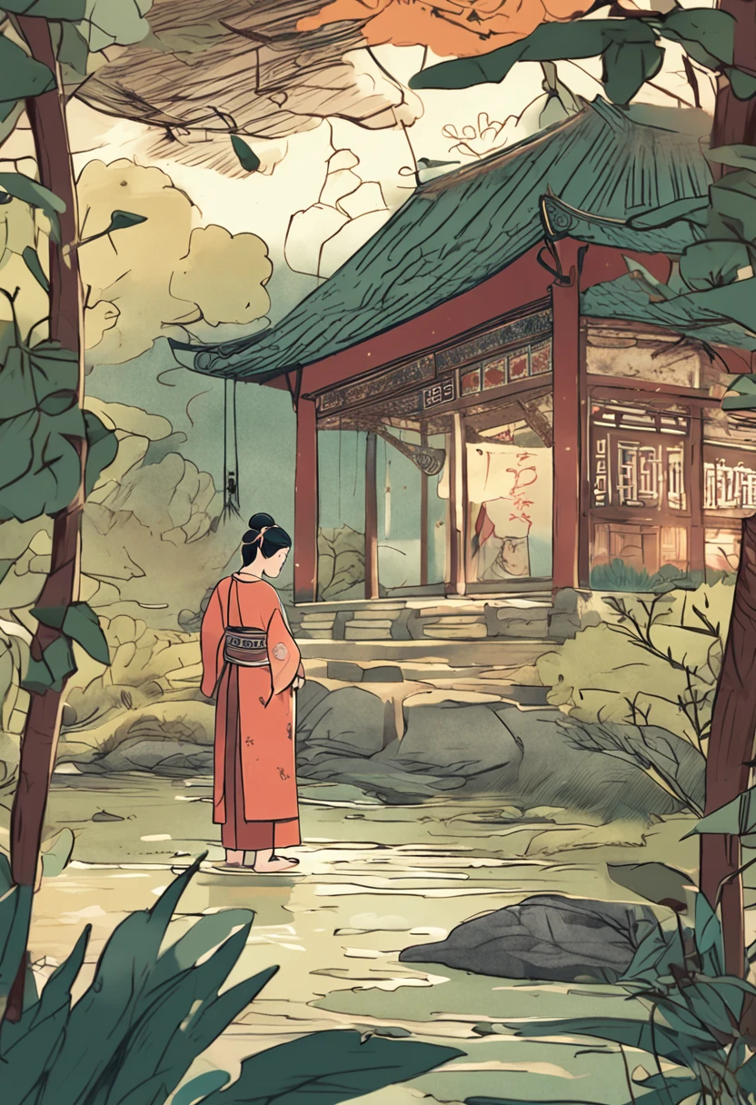 (tmasterpiece:1.5), illustration, 1 cartoon character, Traditional Chinese clothing, bamboo forrest, Meticulous background, realistic detail, warm sunlight, Gentle light, Gentle wind, Paper texture, Ancient papermaking, Mix pulp and water, Handmade paper, The pulp penetrates slowly, Form a paper shape, Traditional papermaking process, A long history, Cultural heritage, A masterpiece created by the artist。