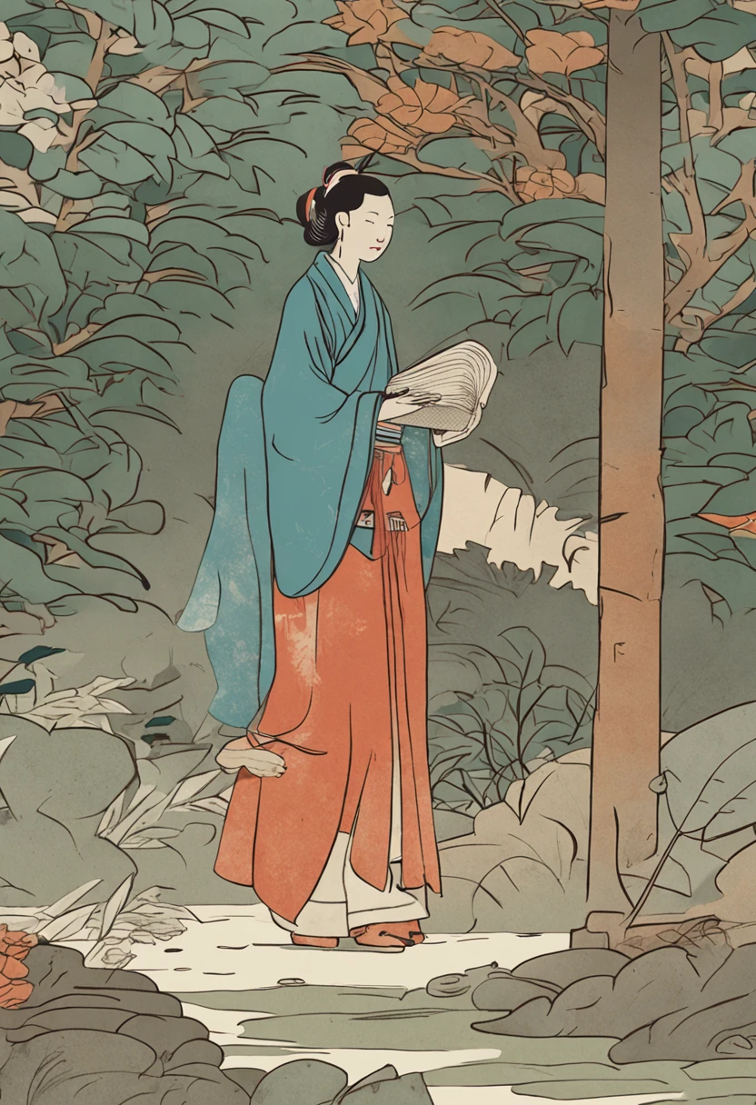 (tmasterpiece:1.5), illustration, 1 cartoon character, Traditional Chinese clothing, bamboo forrest, Meticulous background, realistic detail, warm sunlight, Gentle light, Gentle wind, Paper texture, Ancient papermaking, Mix pulp and water, Handmade paper, The pulp penetrates slowly, Form a paper shape, Traditional papermaking process, A long history, Cultural heritage, A masterpiece created by the artist。
