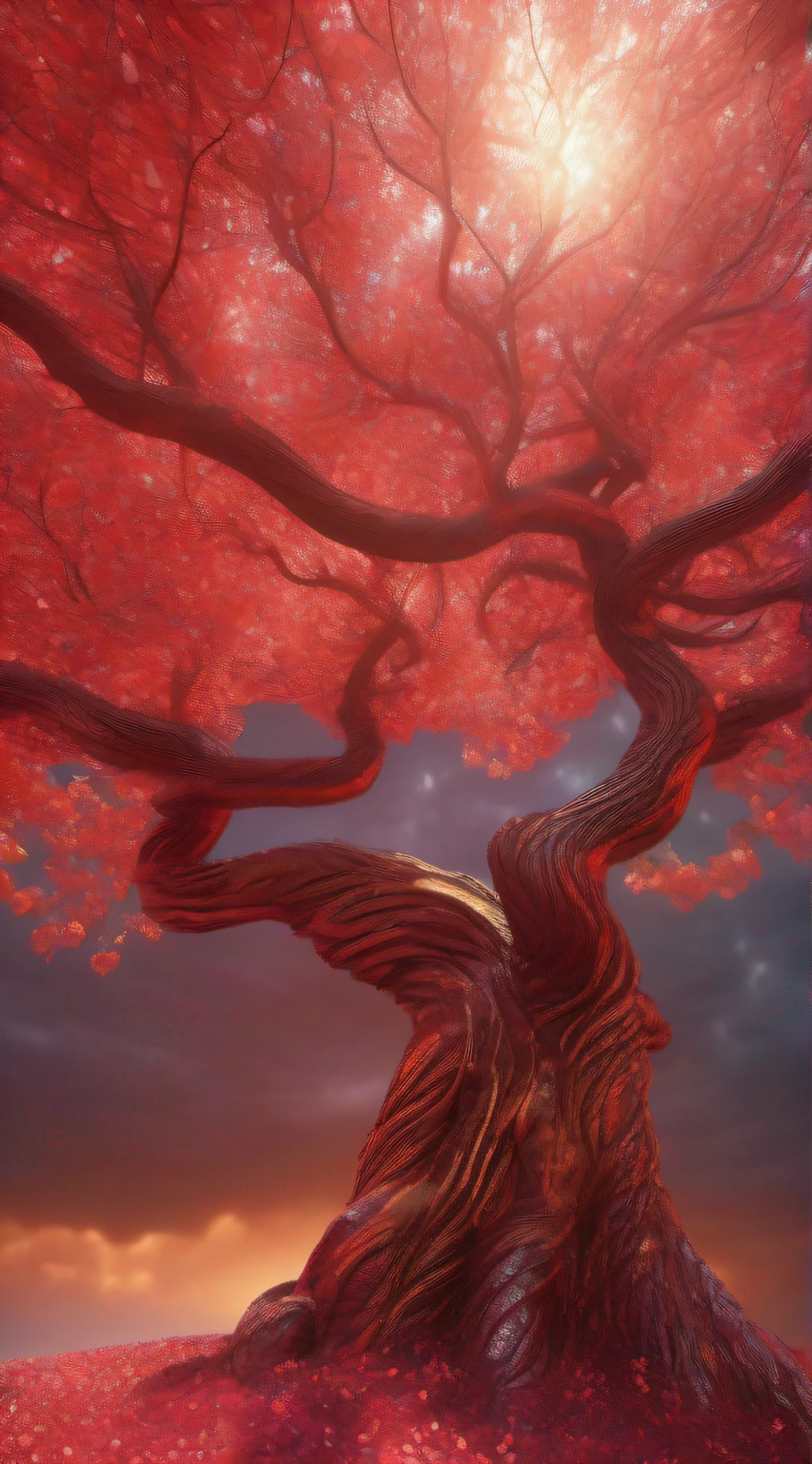 Close-up of a massive peach tree covered in red threads, with a trunk that reaches towards the sky and surrounded by a dynamic, spiral, and magical petal path that flies and twists around the tree, glistening with gold, beauty, and red hues. Healing, summer, high definition photography, 8K, and close-up.