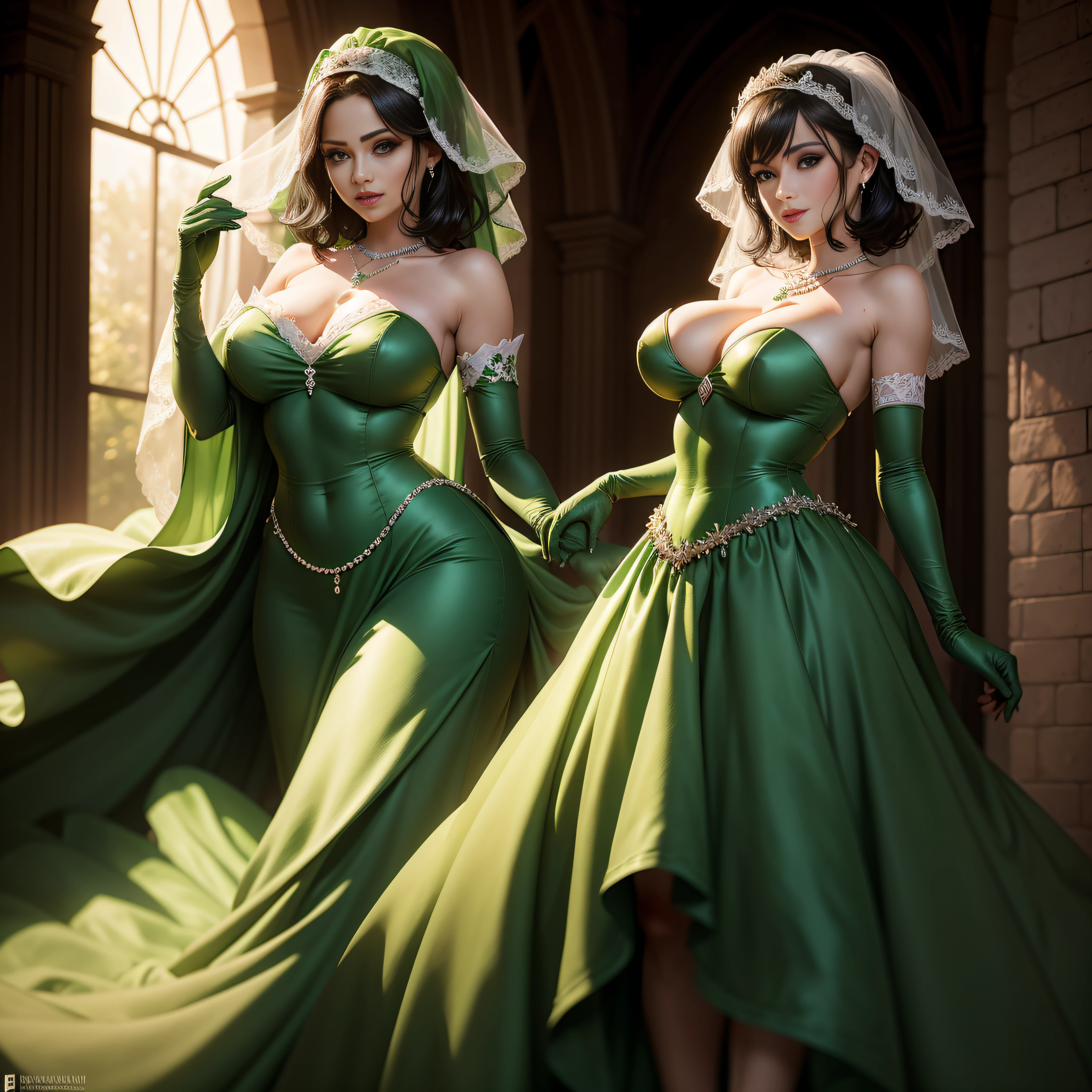 bride，Sense of atmosphere, best qualtiy，tmasterpiece，1girll，30-years old，Green dress，chies，full body Esbian, Green gloves，With short black hair，big breasts beautiful，looking at viewert，ssmile，Green Bridal Veil，Green Long Grove，Satin green long gloves,　lipsticks, Green Pearl Necklace