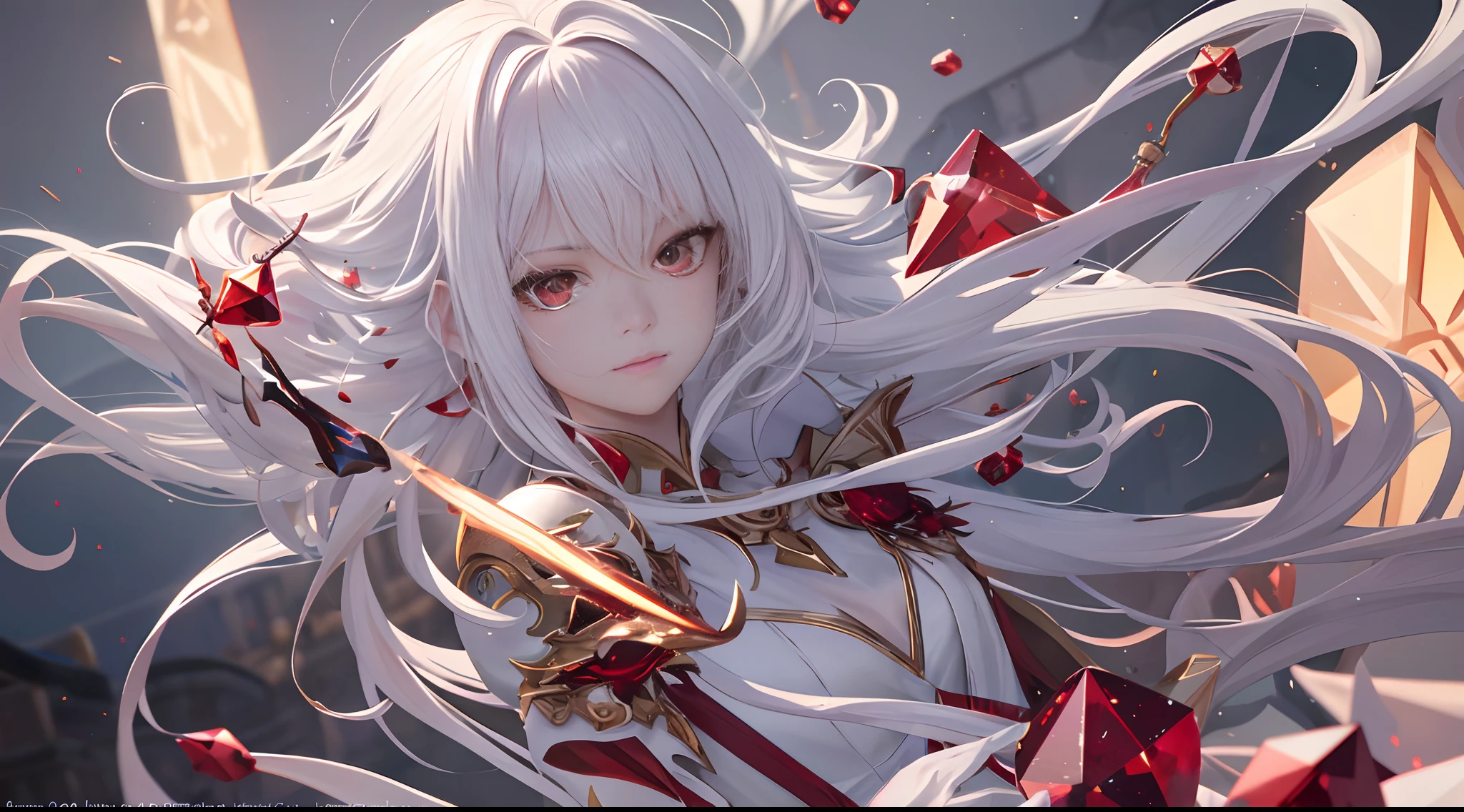 {{masterpiece}},illustration,best quality,extremely detailed CG unity 8k wallpaper,original,high resolution,oversized documents,portrait,{{{{{extremely delicate and beautiful girl}}}}},{{artbook}},{precise geometry},{{{fantasy}}},white hair,very long hair,gem hair,messy hair,floating hair,hair flowing in the wind,red eyes,beautiful detail eyes,jewel eyes,{{red crystal armor}},red crystal decoration,{{red crystal dragon}},{{red crystal}},fog,drifting ashes,breeze,ashes,casting spells,ice crystal magic,depth of field,{lens flare},good lighting,{{{{ray tracing}}}},glittering,sparkling,dynamic angle,cinematic angle