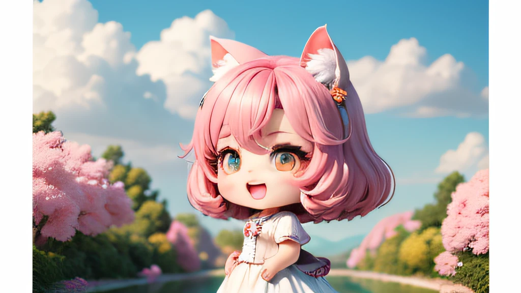 (((Super masterpiece、top-quality、ultra - detailed、1 cat girl、tchibi:1.4)))、There are big clouds、white dresses、A smile、Pink open sky、Fantastic pink garden background、(tchibi:1.4)、panoramic compositions、long shot、from side、Dye your cheeks、open open mouth