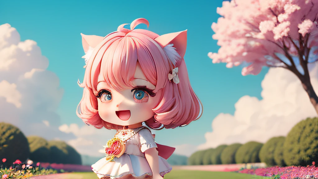 (((Super masterpiece、top-quality、ultra - detailed、1 cat girl、tchibi:1.4)))、There are big clouds、white dresses、A smile、Pink open sky、Fantastic pink garden background、(tchibi:1.4)、panoramic compositions、long shot、from side、Dye your cheeks、open open mouth