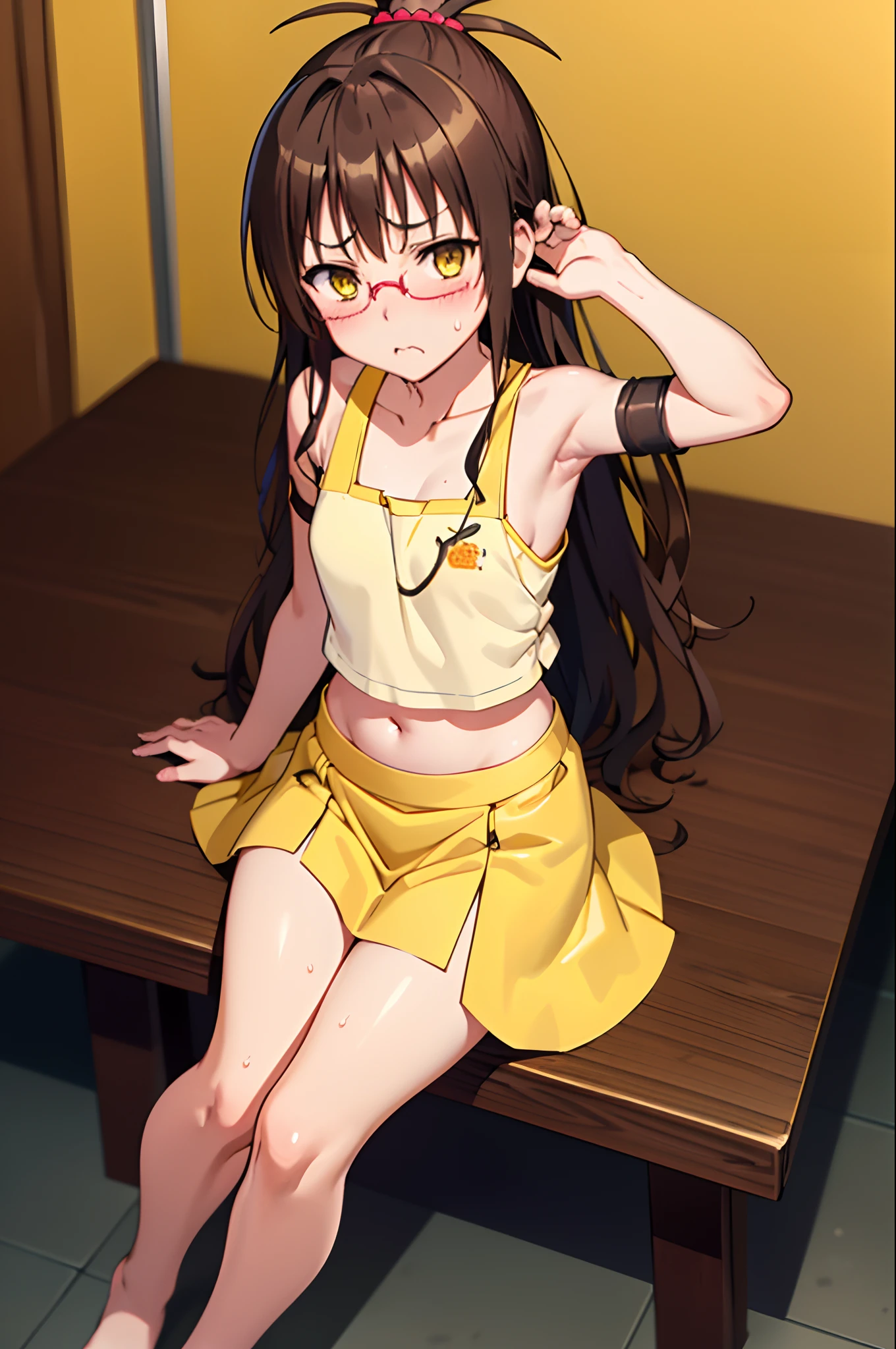 yuuki mikan, brown hair, yellow eyes, hair ornaments, long hair, topknot, wavy hair, small breasts, (upper body), (disgust, annoyed), (from above), 1girl, spread armpit, steam, sitting, (sleeveless), (detached sleeves), black-framed eyewear, Navel, (simple Background)