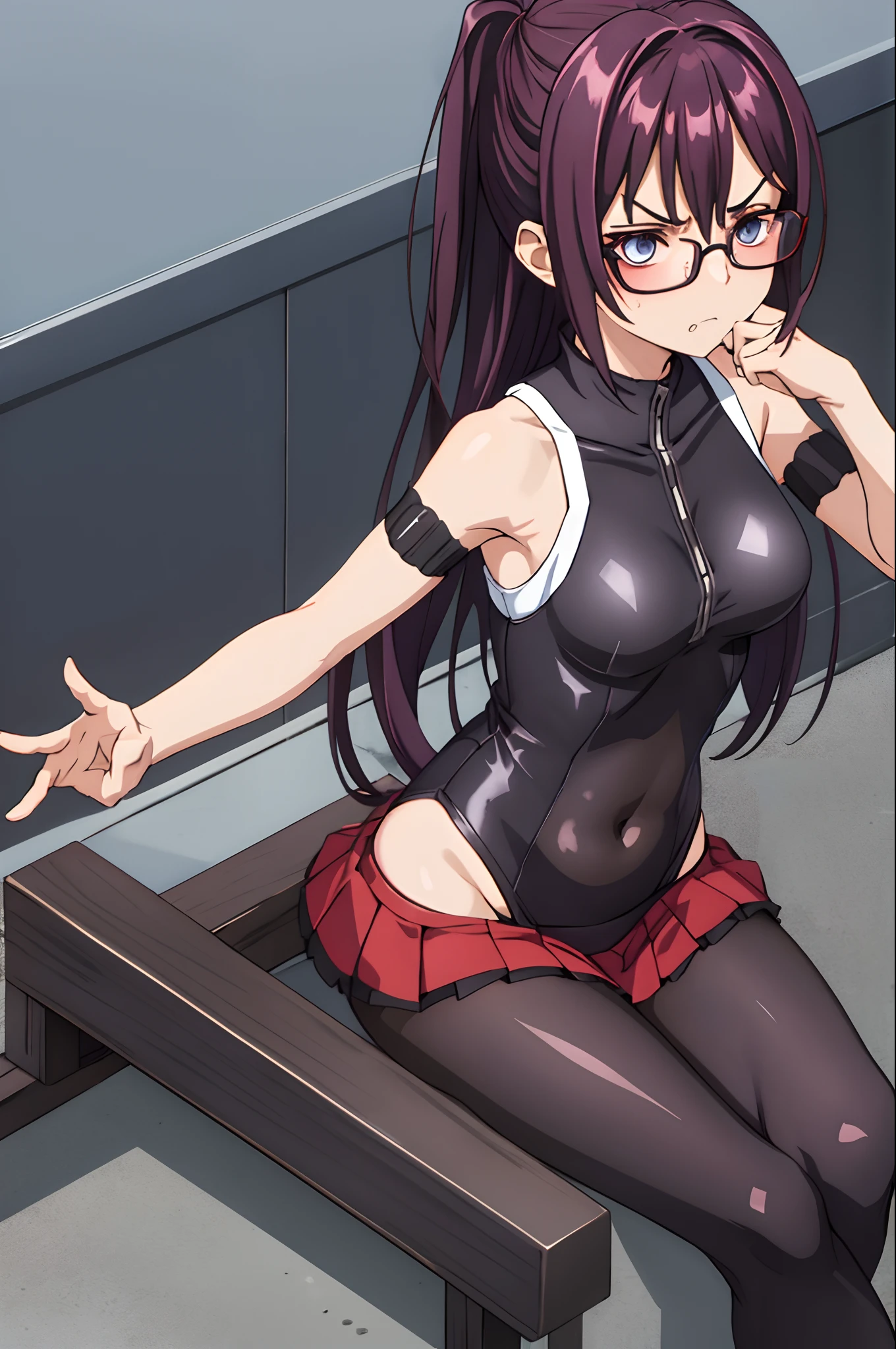 kanzaki rin, (sleeveless), (detached sleeves), black-framed eyewear, Navel, (upper body), (disgust, annoyed), (from above), 1girl, spread armpit, steam, sitting,