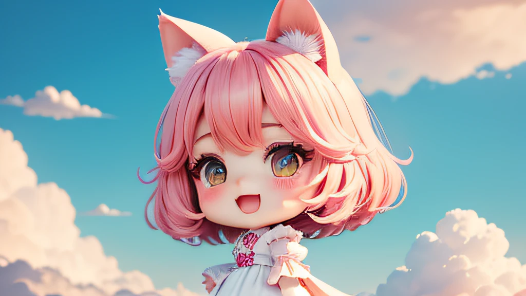 (((Super masterpiece、top-quality、ultra - detailed、1 cat girl、tchibi:1.4)))、There are big clouds、white dresses、A smile、Pink open sky、Fantastic pink garden background、(tchibi:1.4)、panoramic compositions、long shot、from side、Dye your cheeks、open open mouth