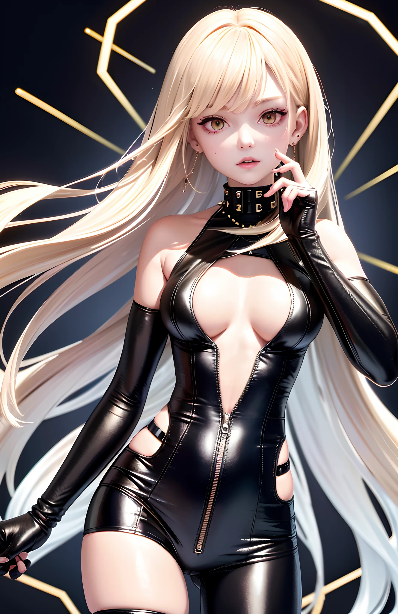 optimum,tmasterpiece,A high resolution,best qualtiy,hyper HD,super detailing,Award-Awarded,16k,独奏,((The upper part of the body)),((Bust)),anatomy correct,Beautiful cyberpunk girl,cute face,,Gradient Beige Hair,Hairline,((Dark golden eyes)),long eyelasher,Hanging eye corners,White skin of the,(small boobs),(Slim body),((Women's super short shawl leather jacket)),((goth style,racing_suit)),(()),ear studs,(Neck strap),(Laser material clothing:1.2)