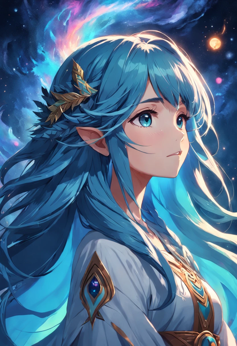 female cosmic druid with long flowing blue gradient hair