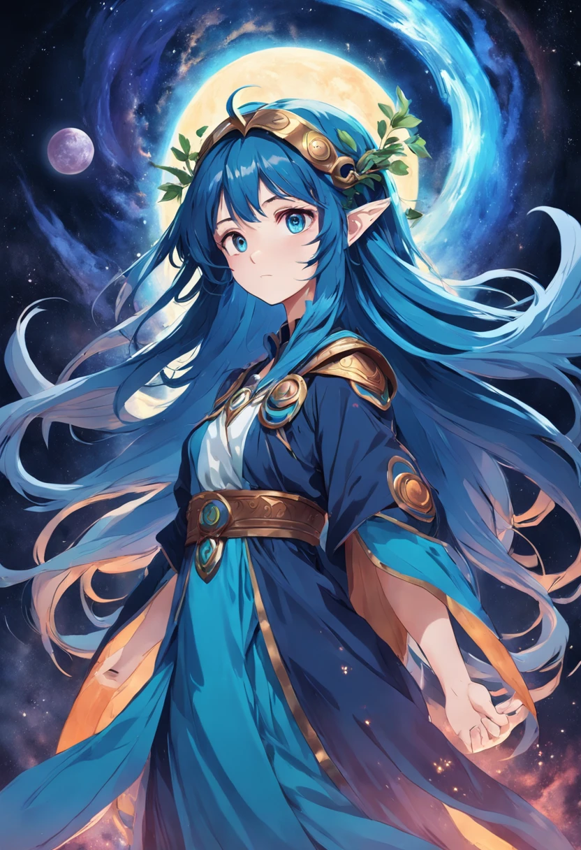 female cosmic druid with long flowing blue gradient hair