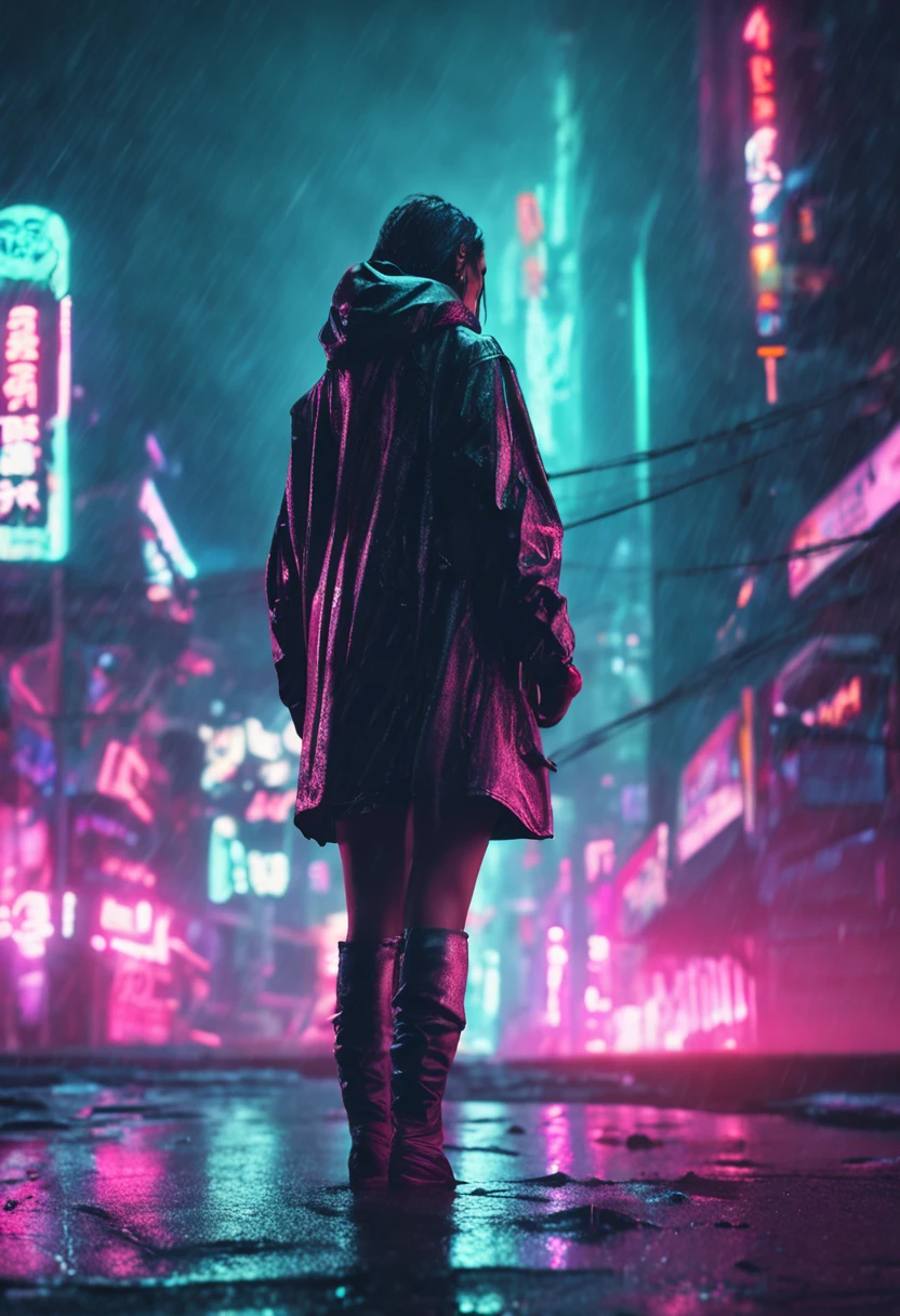 "Neon-lit cyberpunk street, futuristic city street, Dystopian artwork in the dark,Huge signboard , 4k wallpaper. Rain and fog atmosphere, Beautiful woman standing, Evoking a sullen and desolate future."