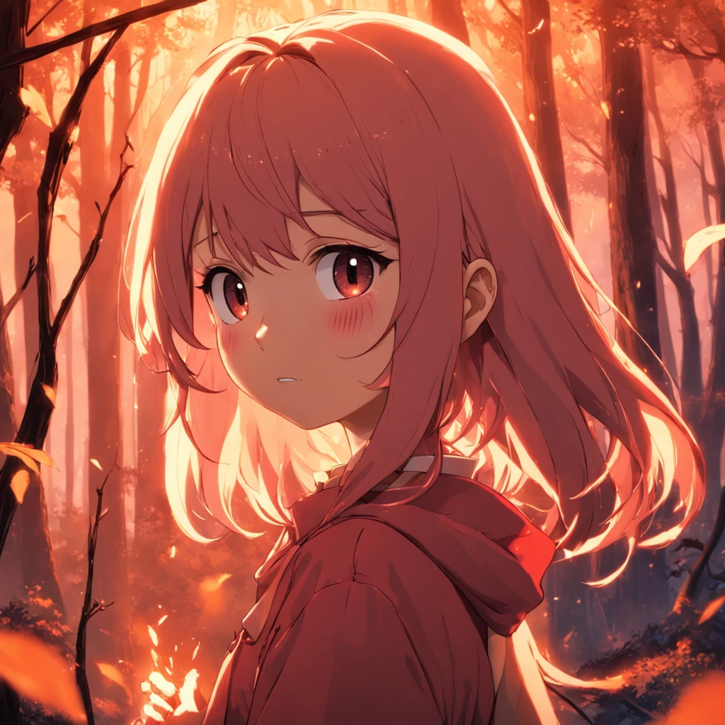 obra-prima, melhor qualidade, filme ainda, 1girl, garota elfa, floresta, capa capuz vermelho, close-up, brilhante, feliz, Soft lighting and Warm, sun sunset, (Sparks: 0,7)
