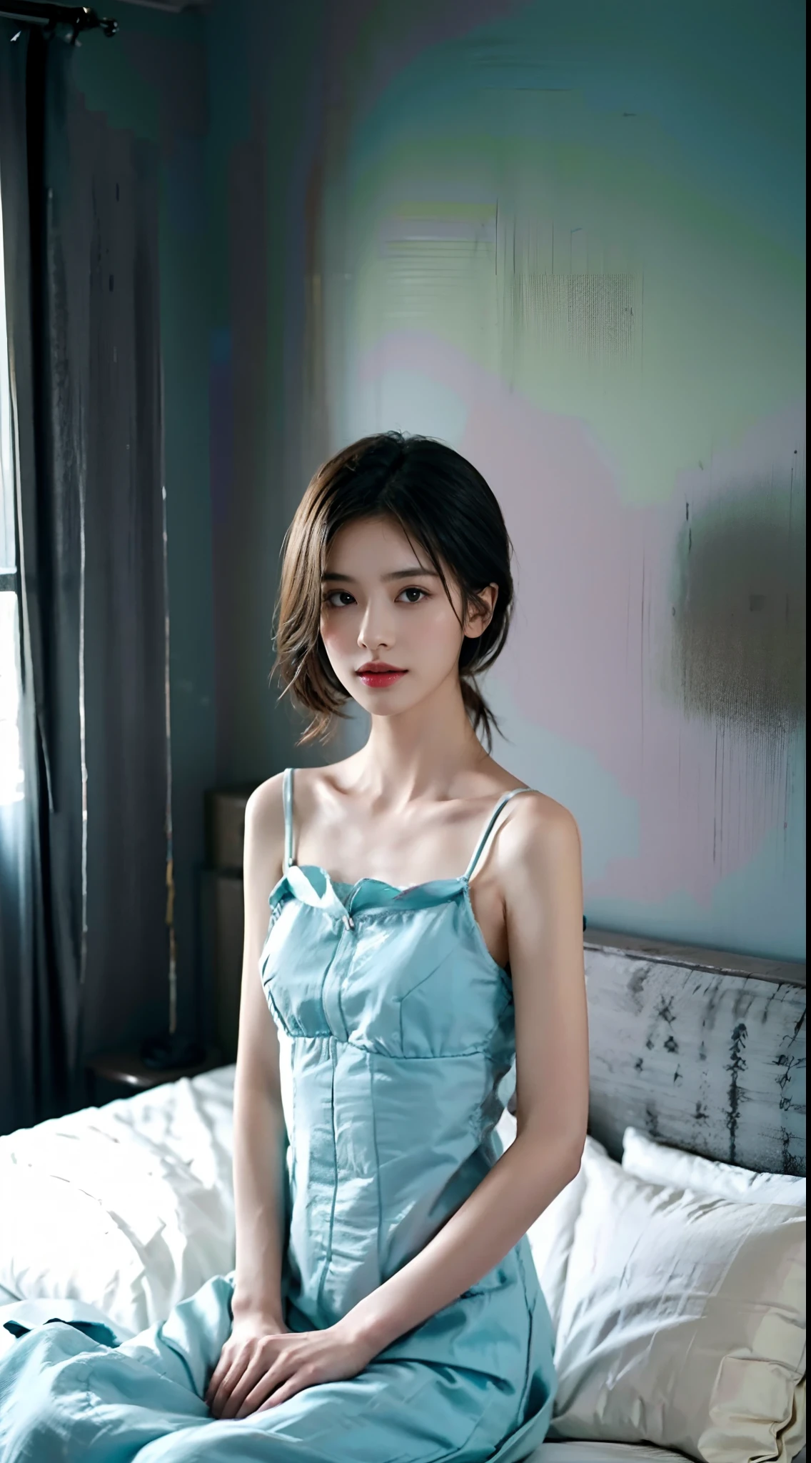 ((smallunderboob,Tomboyish,small heads)), (Well-defined abs: 1.1), (perfect bodies: 1.1), (short-length straighthair: 1.2), Black hair, upper body photos, attractive collarbone，nabel，（极其细致的CG 8k壁纸），（Extremely refined and beautiful），（tmasterpiece），（best qualtiy：1.0），（超高分辨率：1.0），beautiful light up，Perfect lightning，realistic shaded，[A high resolution]，Smooth and flawless fair skin，ultra - detailed ，Elongated legs，flatchest，Slim，emaciated，On The Home，In the bedroom in girl style，Modern minimalist IKEA décor，Teal background，Yellow curtains，The dawn at dawn，in the early morning，Close your eyes，With your mouth open，Outlet water，Lie flat on the bed，White silk long nightdress，The body is covered with a quilt，Are sleeping，dream on，Look down at the lens from above