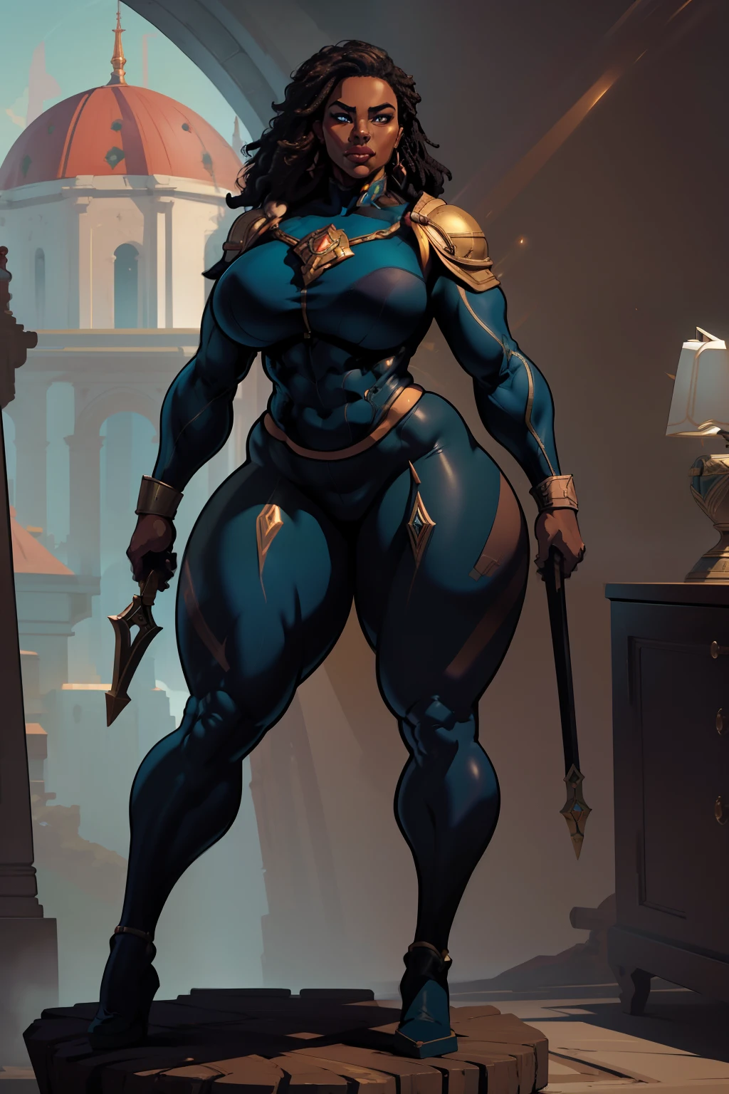 masterpiece, best quality, bronze skinned, wide waist, heroic pose, wearing leggings, standing boldly, abstract background, bloom, immaculate lighting, showcasing a charming and thick physique with toned muscular legs