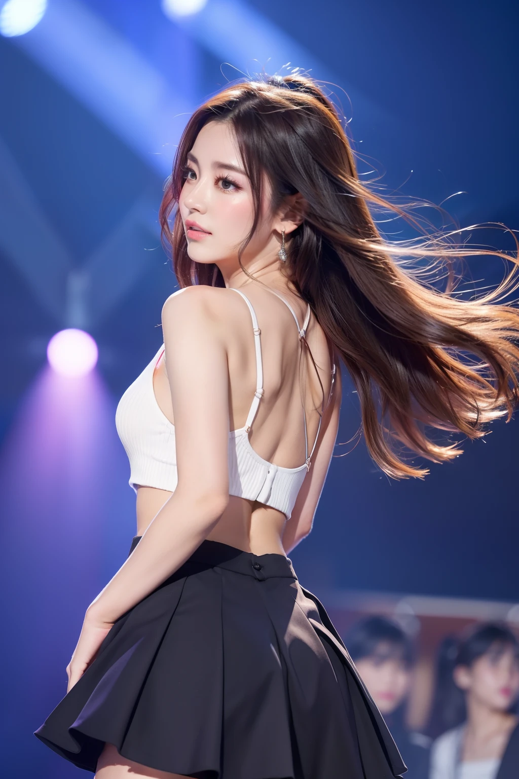 (in 8K)、top-quality、​masterpiece、超A high resolution)Being in the spotlight、Idol on stage、Cute Idol、Full back view and face not visible、The wind is blowing and the hair is fluttering