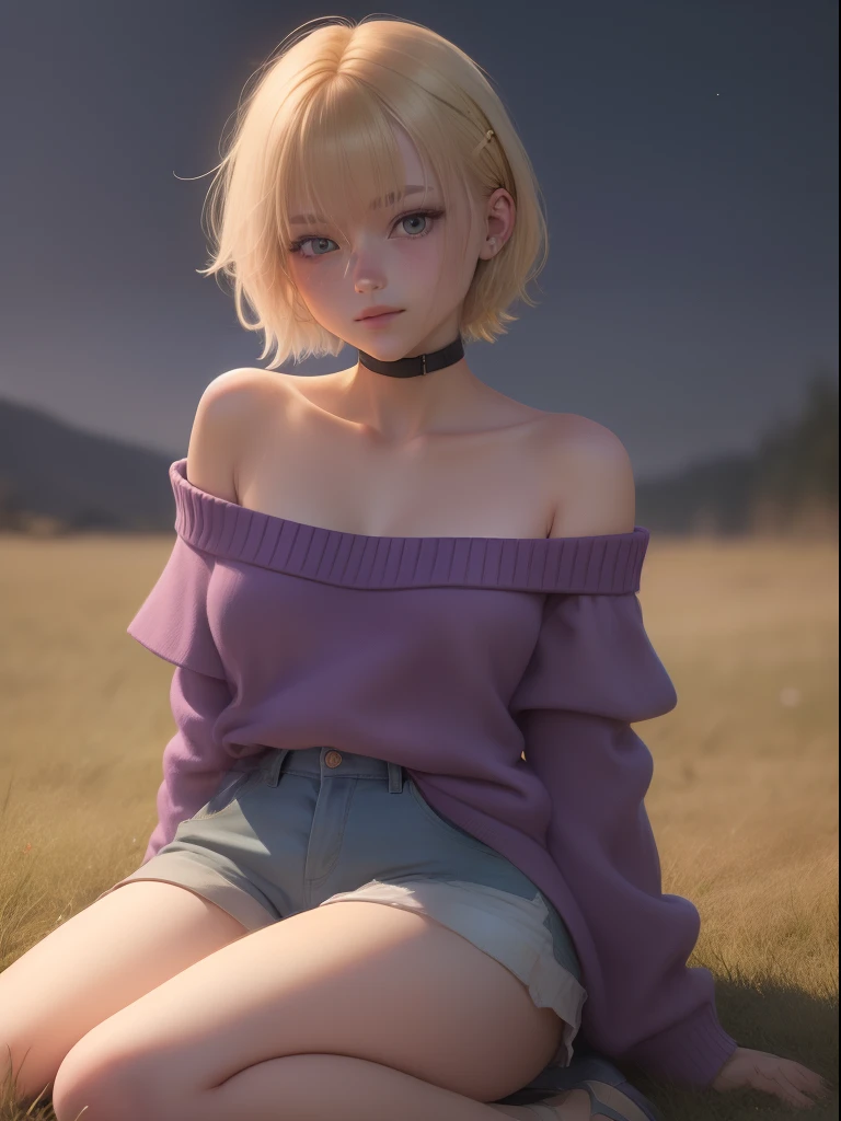 A quiet girl,Short yellow hair,Long face, Wear a purple sweater and shorts,Shoulders exposed,and wear no underwear,the night,on a grassy field,is shy,Only the left side of the face is exposed,ssmile,kiss,Ruffle your hair,sat on the ground
