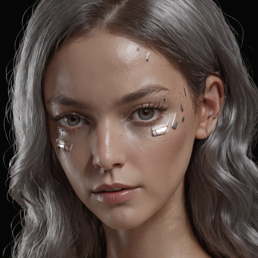 (((Obra-prima)))), (((Alta qualidade)))), ((Ultra Definition)), (Fotorealidade muito detalhada), ((Muito delicado e belo)), (Rosto delicado e bonito), cinematiclight, (((1 )), corpo inteiro, mulher branca meio bronzeada, cabelos escuros cacheados, sobrancelhas bem feitas, wearing cyberpunk style silver bra top with metallic effect Sexy medium breasts Sexy marked collarbones Neckline and visible skin, cabelos marrom escuro, olhos arredondados, olhos brilhantes (mechanical joints: 1.4), (machanical limbs)), (Blood Vessels Attached to Tubes), Sensual expression, rosto metade sci-fi (Wires and cables attached to the head and body: 1.5), small LED lamps on the body, sci-fi, metal, metallic body, neon detalhado, Illuminated environment with bluish LED Volumetric light ultra-realism cinematic quality